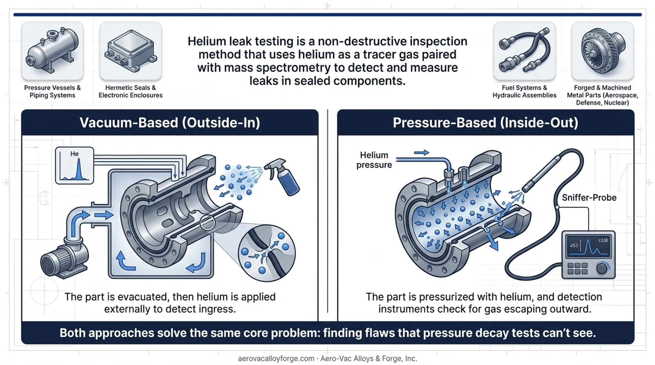 Vacuum-based versus pressure-based helium leak testing comparison diagram