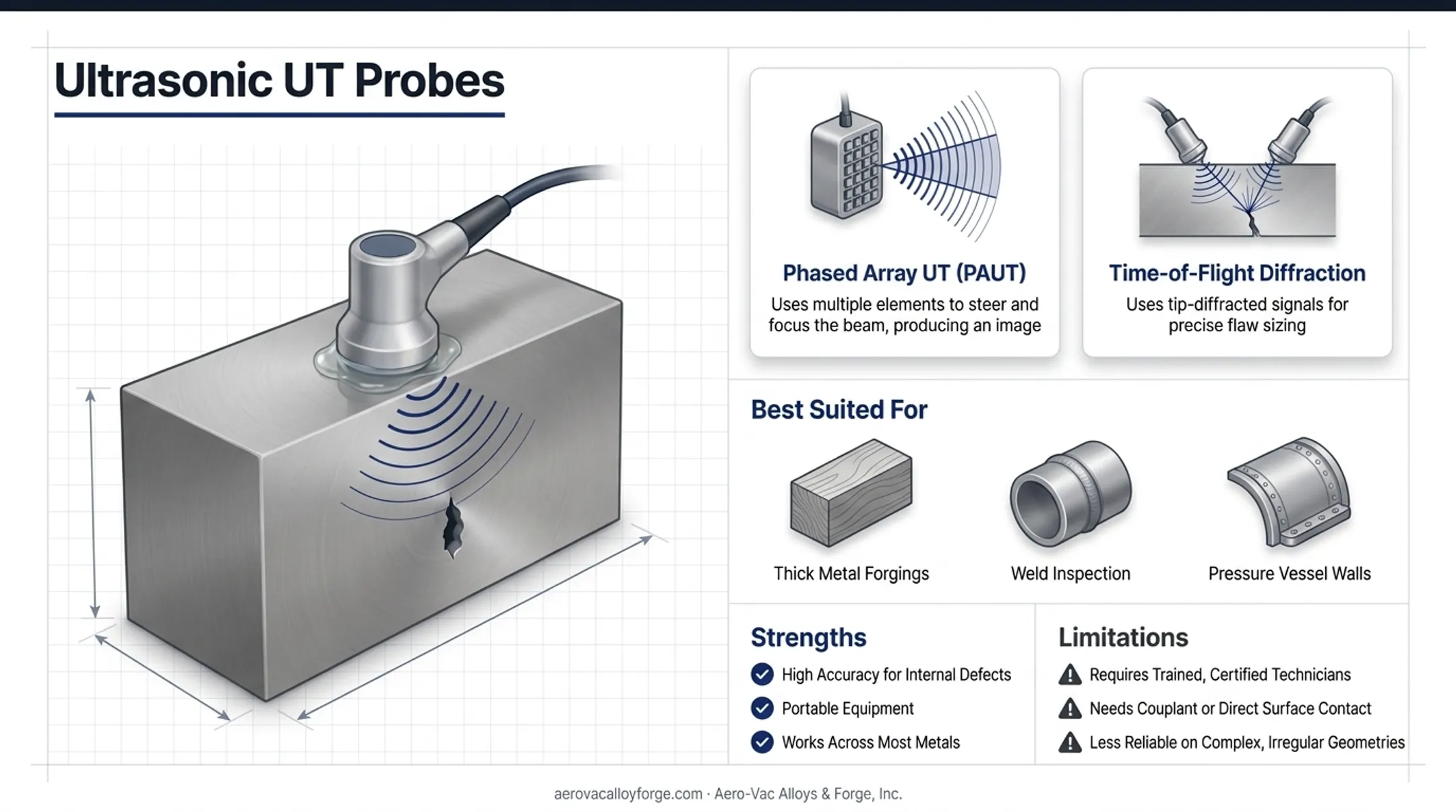 Ultrasonic testing process showing sound wave flaw detection in forgings