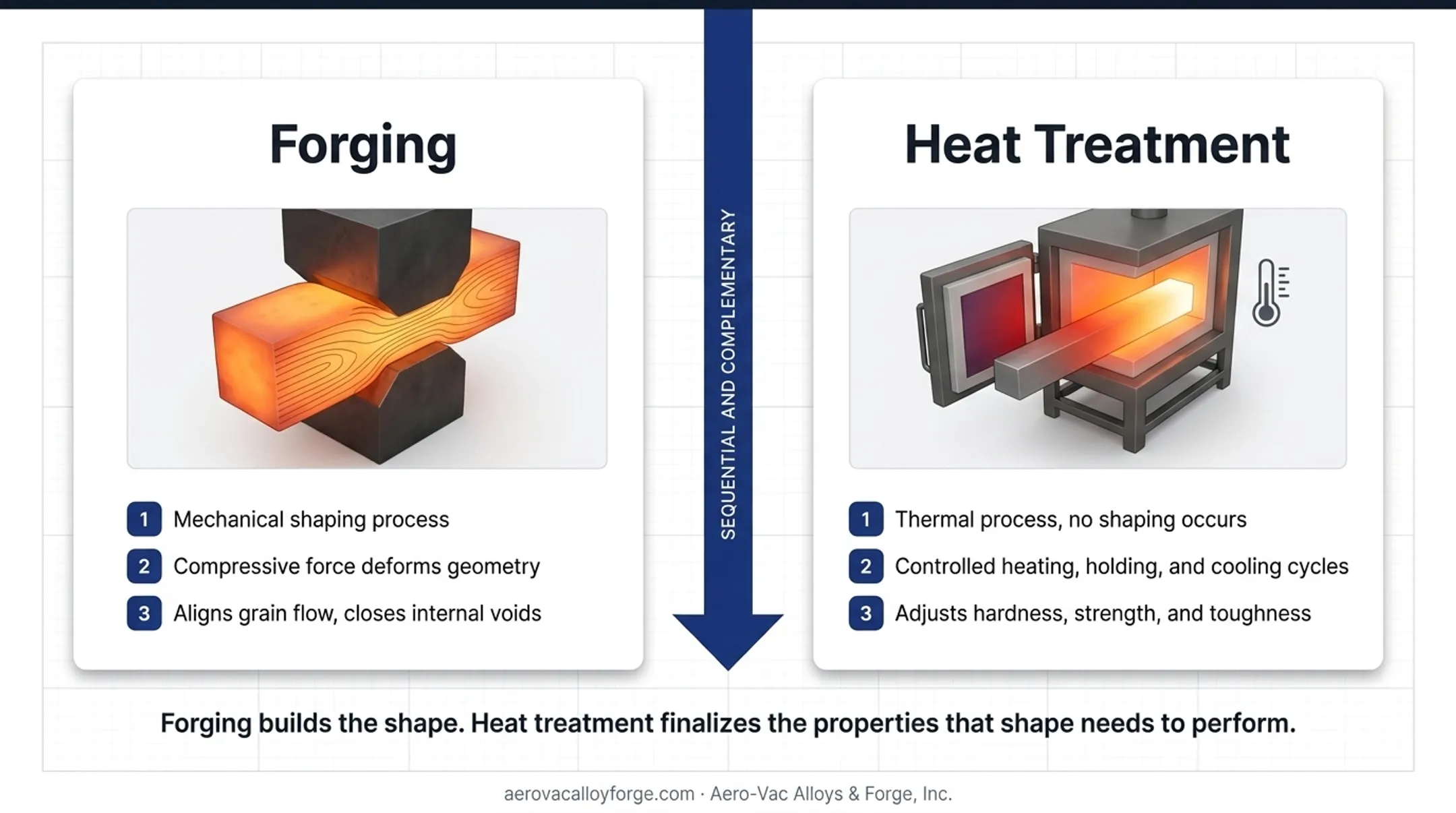 Forging versus heat treatment comparison chart showing method effect timing goal