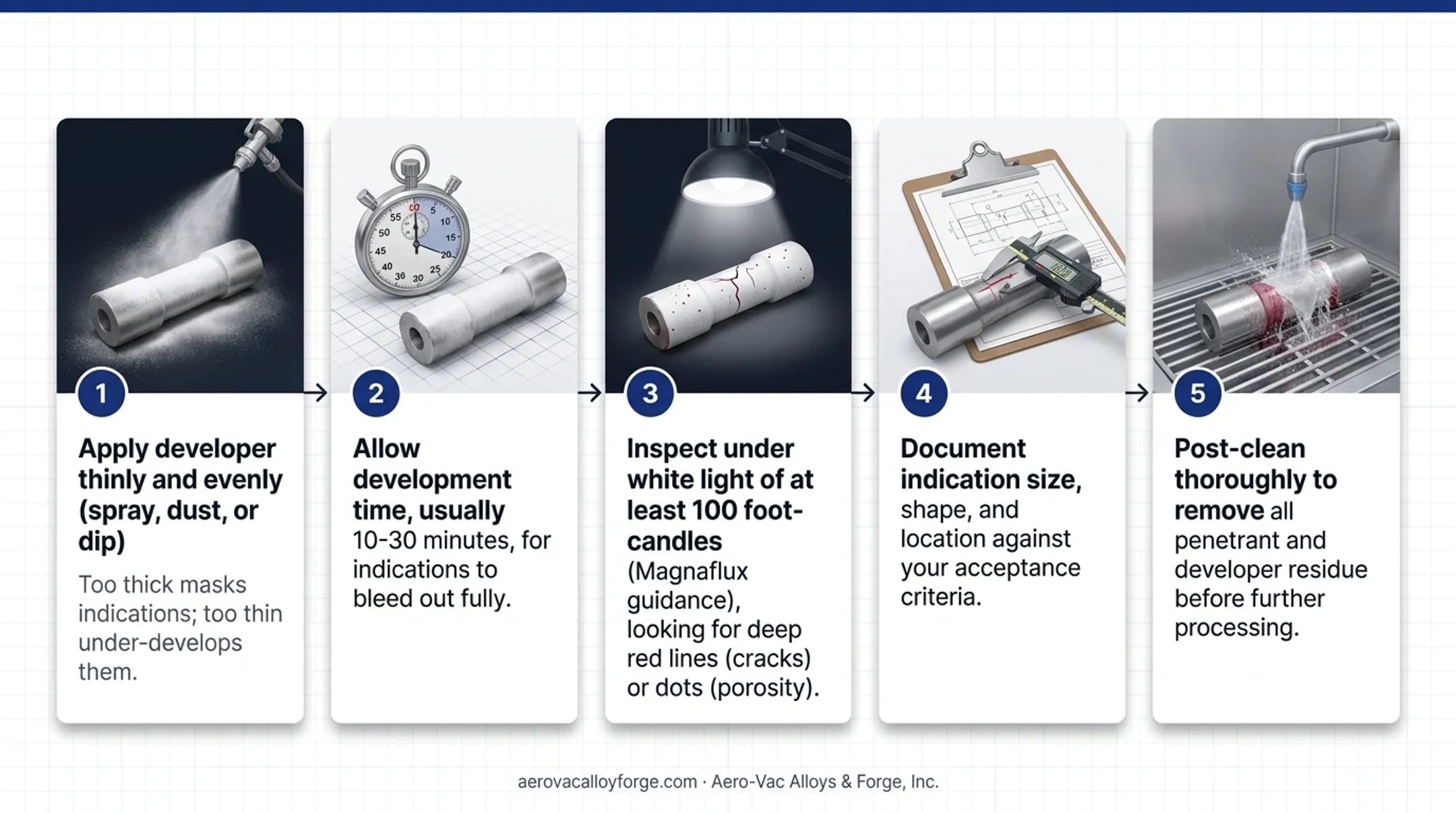 4-step visible dye penetrant testing process from cleaning to inspection