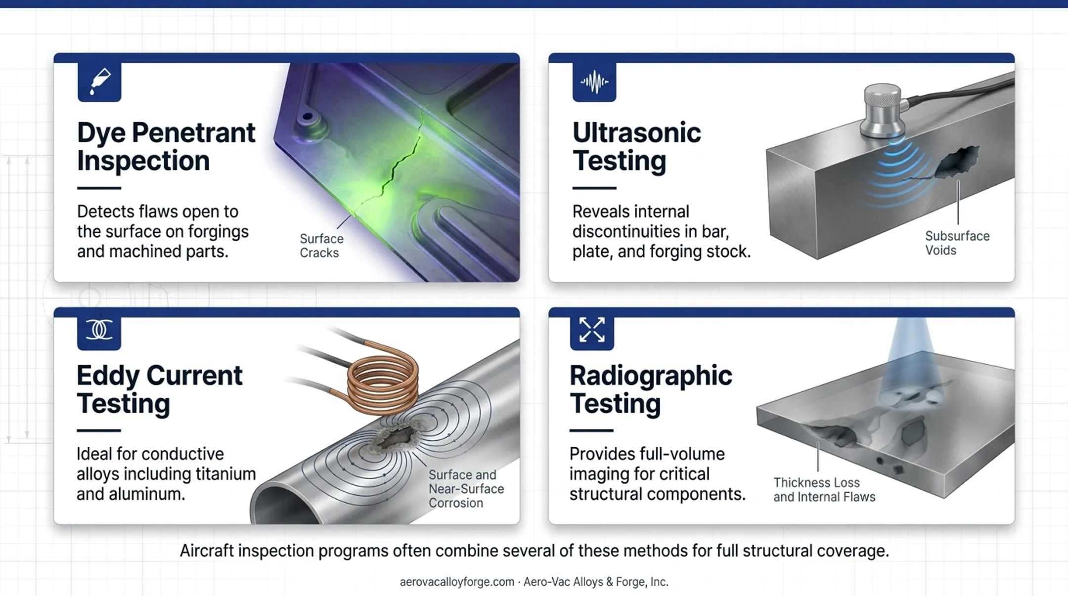 Six NDT inspection methods comparing surface and subsurface flaw detection