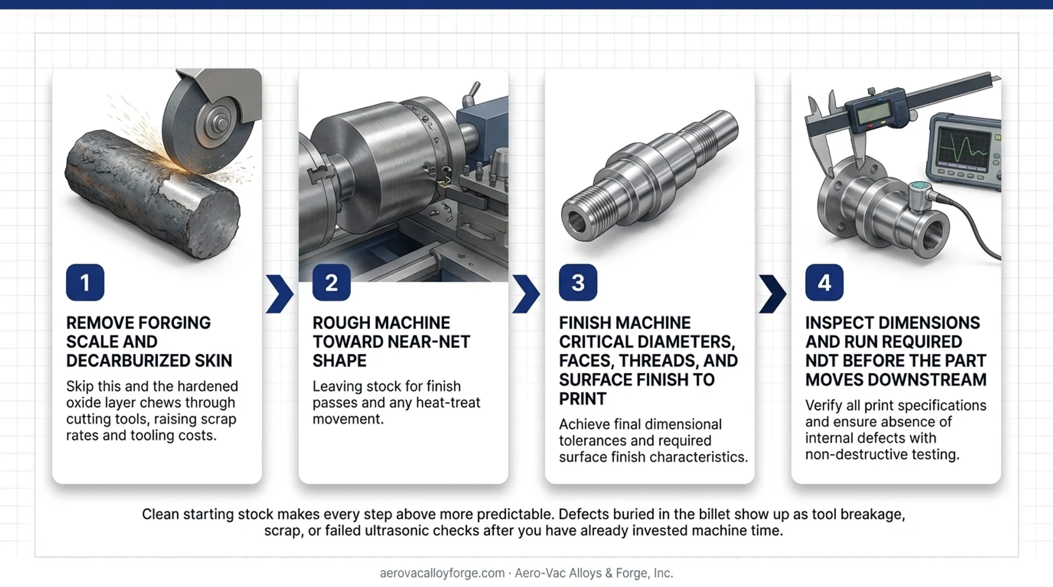 Four-stage machining sequence for finishing forged metal parts