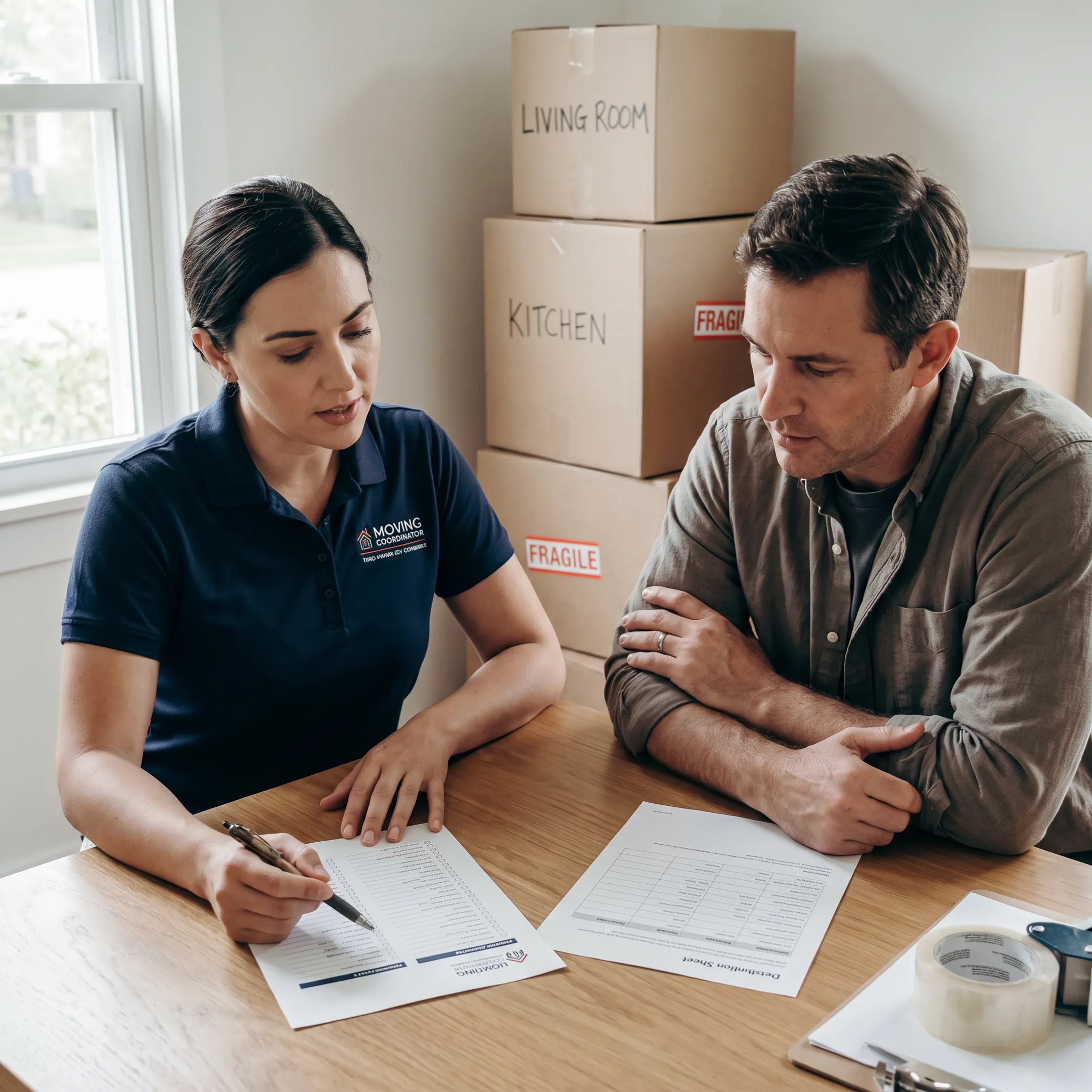 Moving coordinator reviewing a long-distance relocation plan