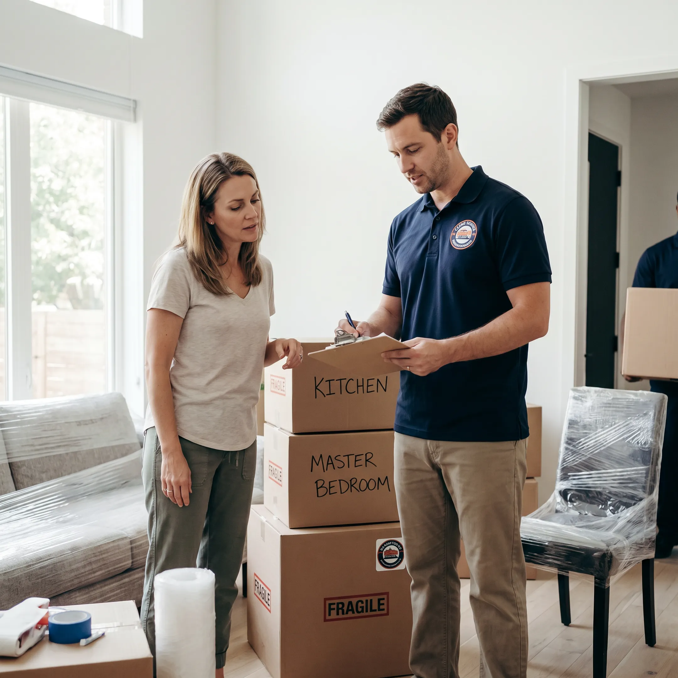 Moving coordinator reviewing a household relocation plan