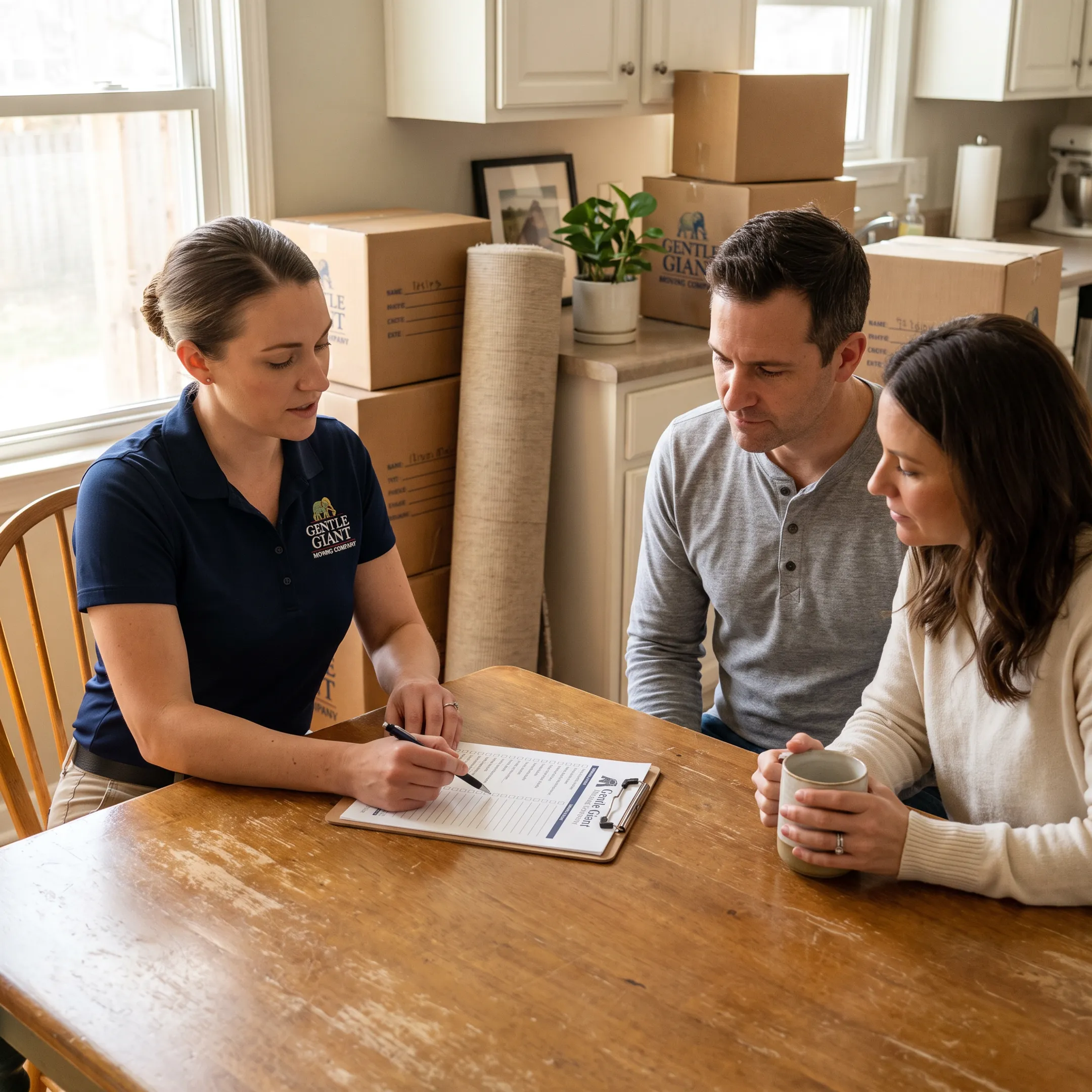 Moving coordinator reviewing a relocation plan with customers