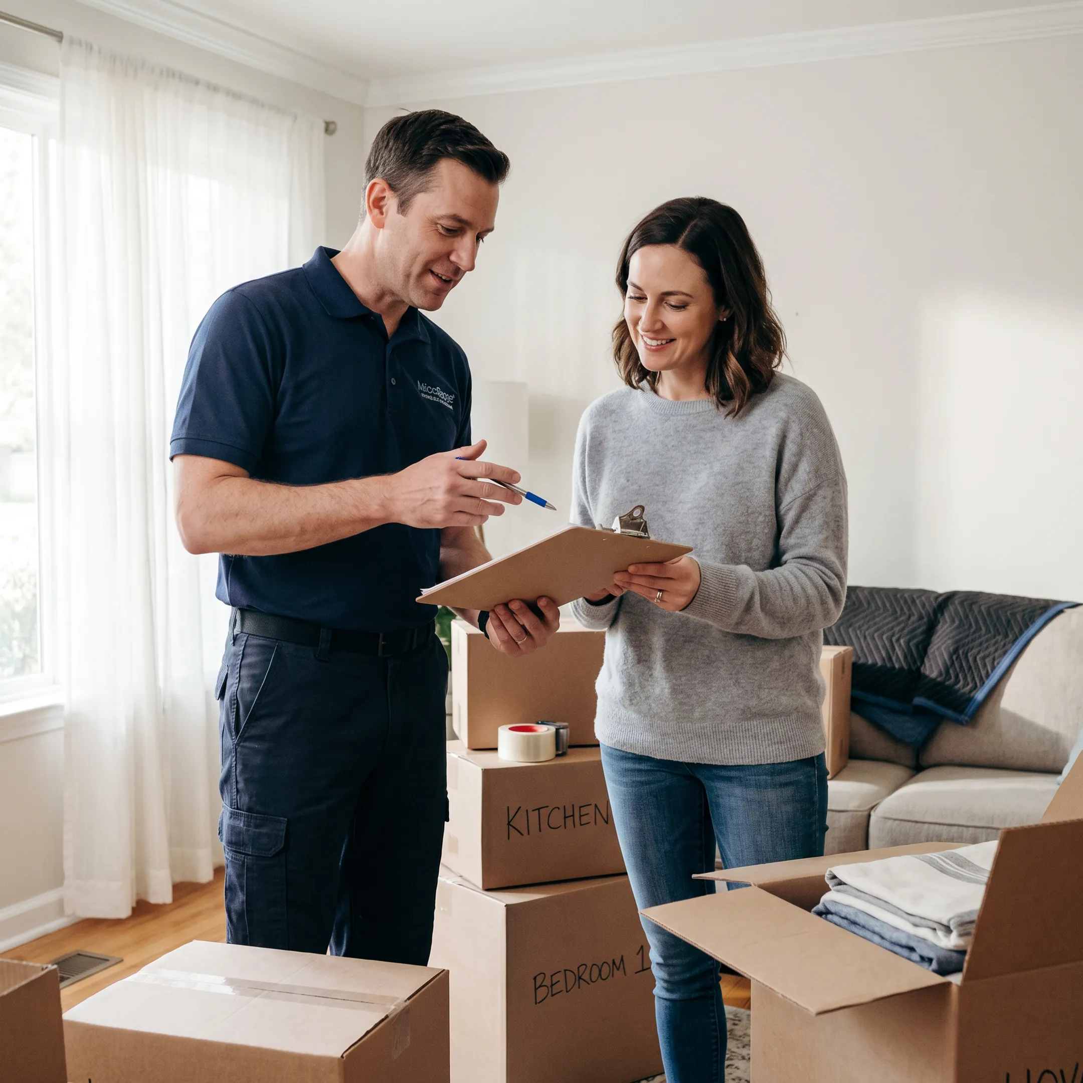 Moving coordinator reviewing a household relocation plan with a customer