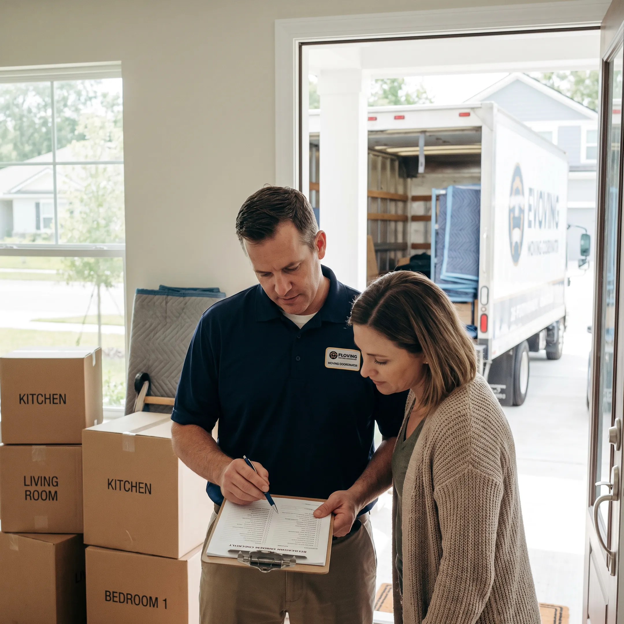 Moving coordinator reviewing a household relocation plan