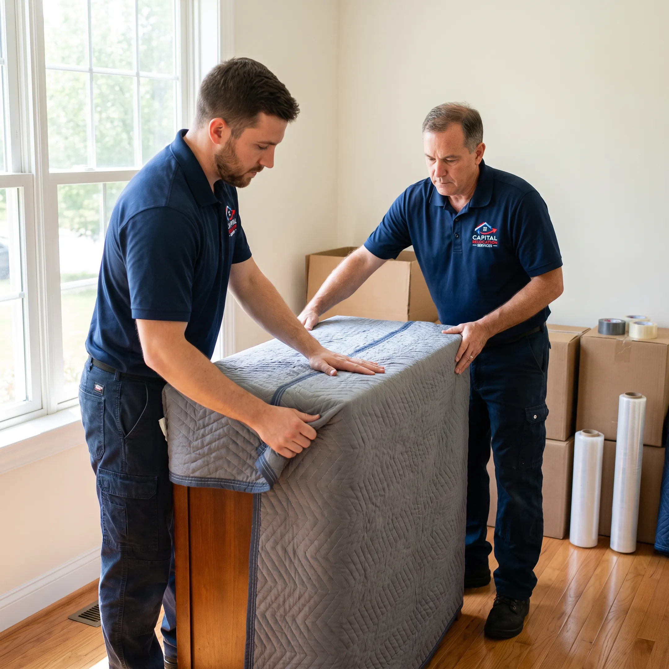 Movers protecting furniture for transport