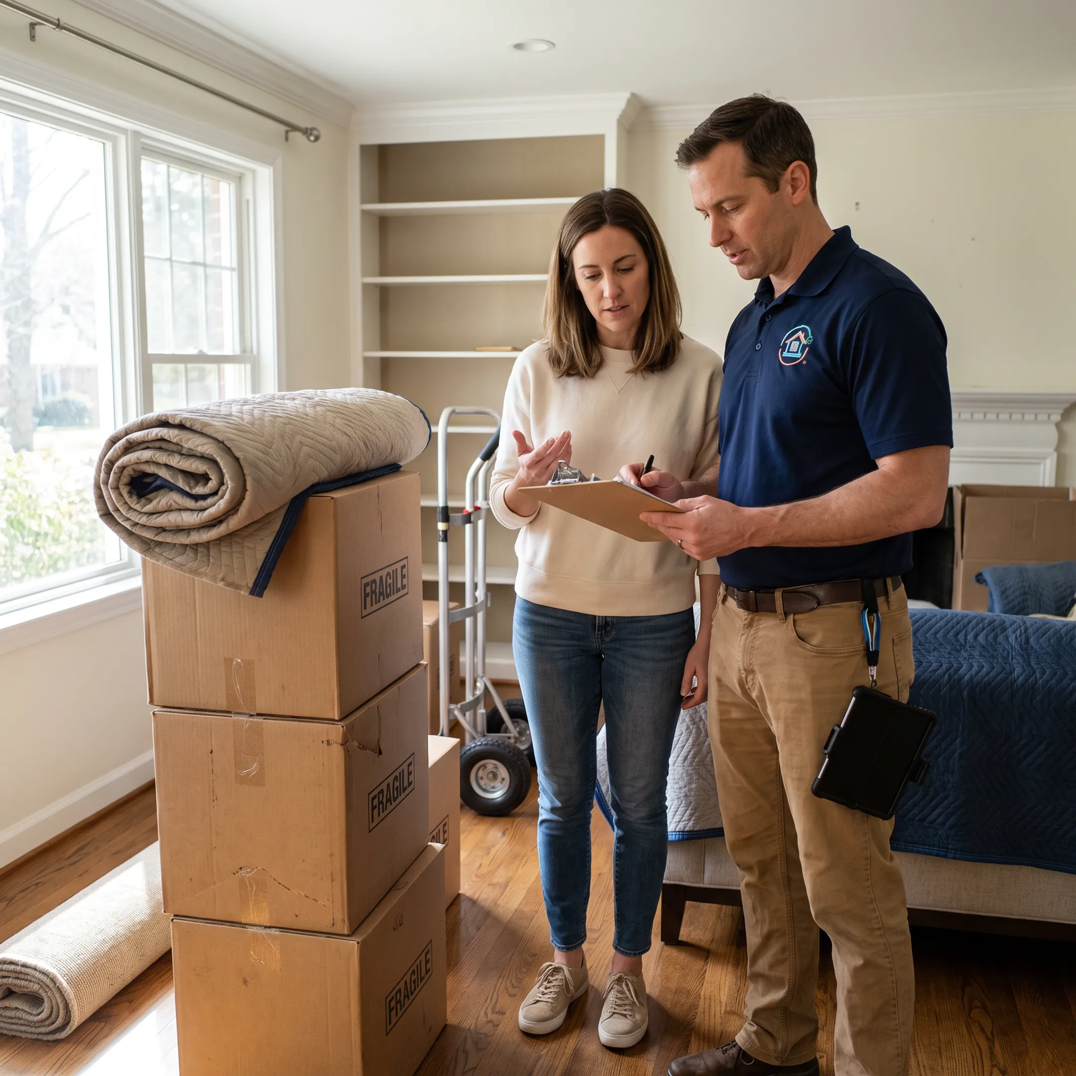 Moving coordinator reviewing a household relocation plan
