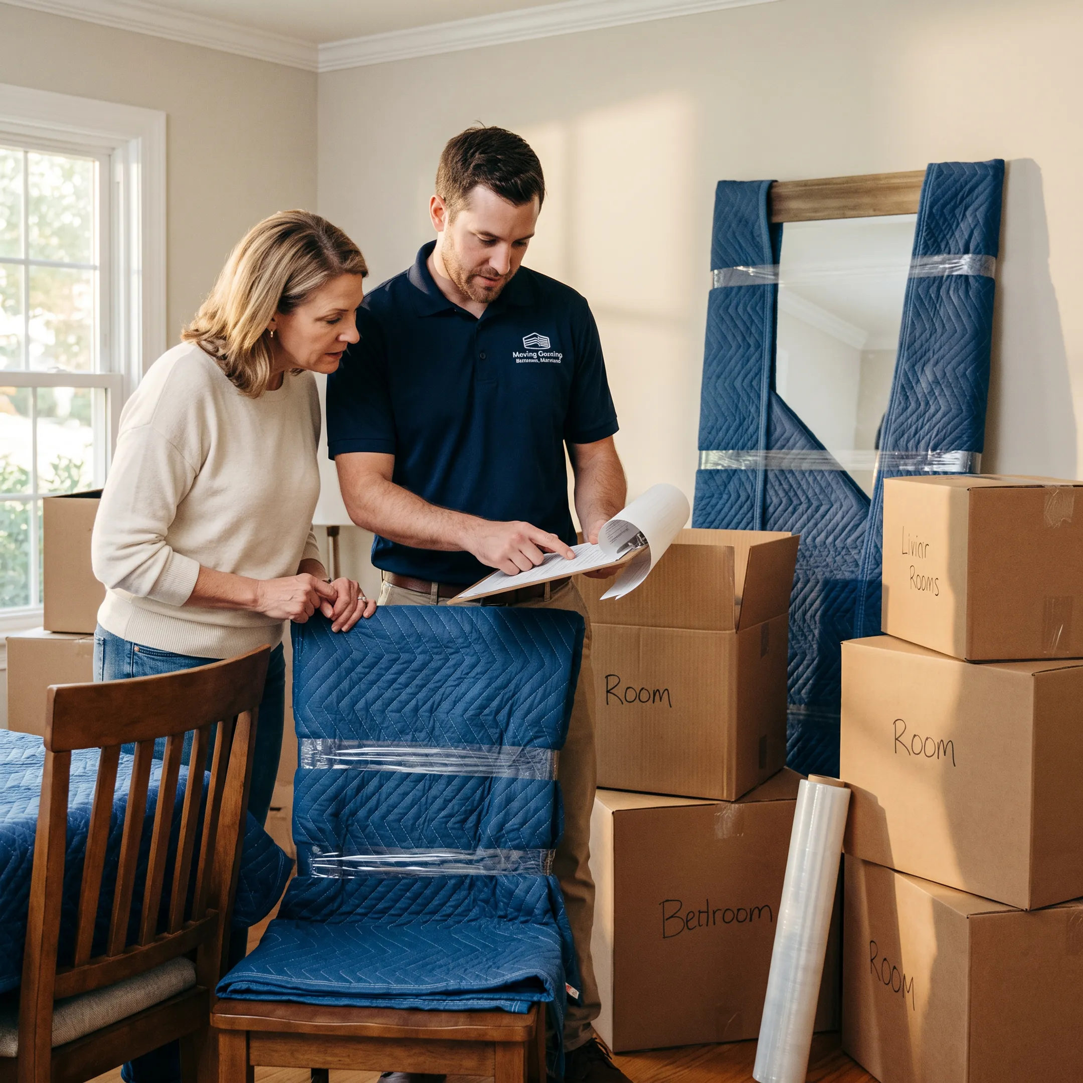 Moving coordinator reviewing a household relocation plan
