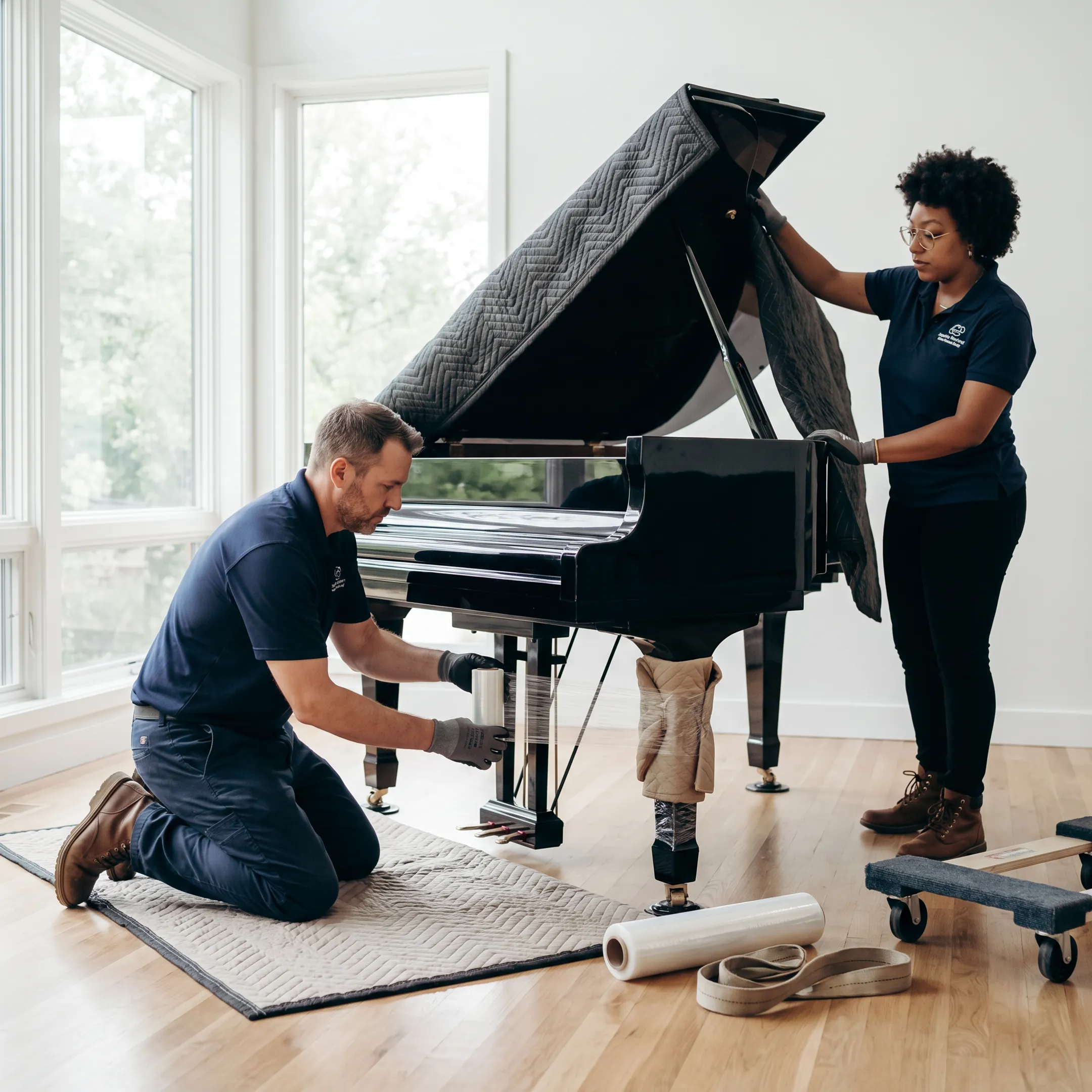 Moving team protecting a piano before transport