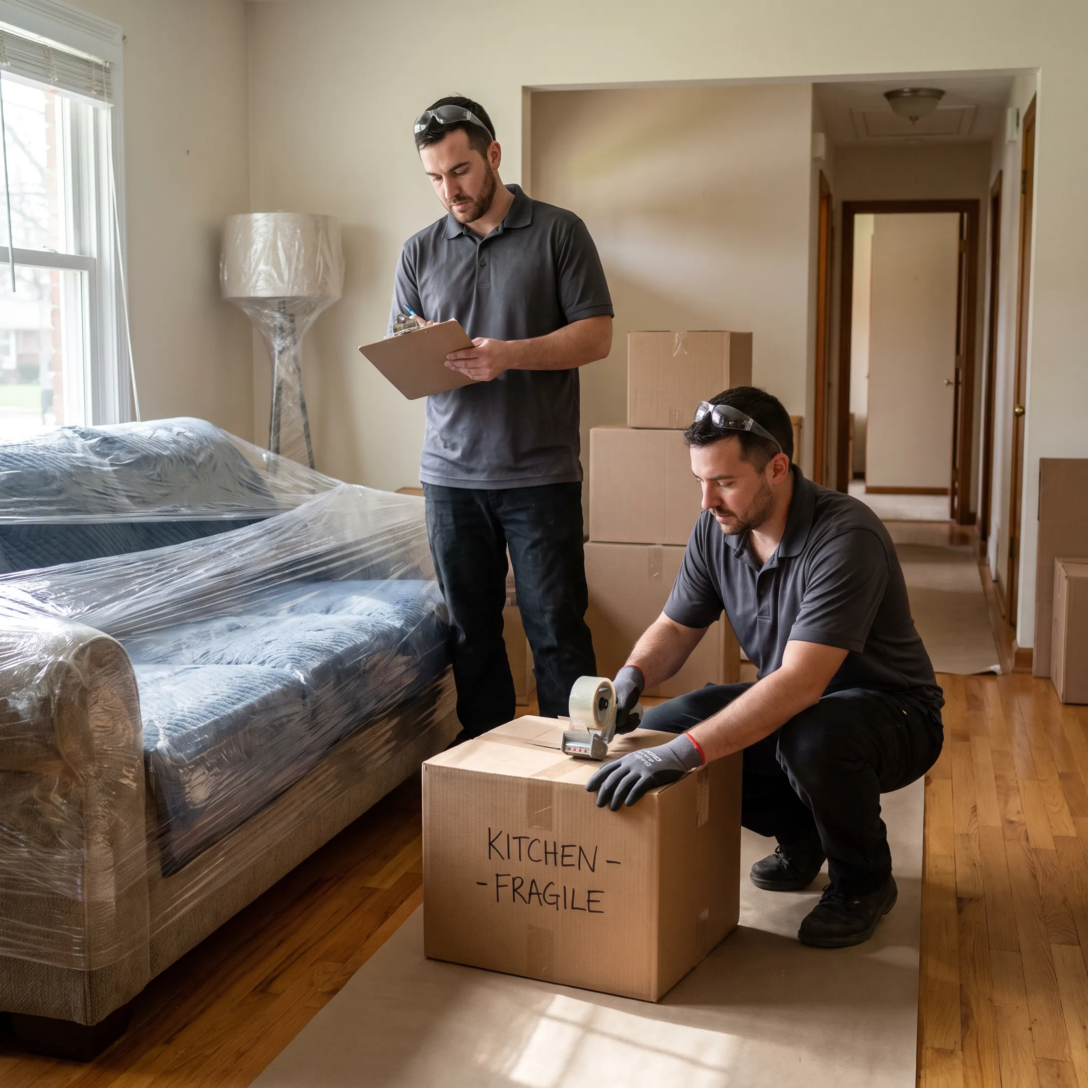 Moving professionals organizing boxes and furniture during a home relocation