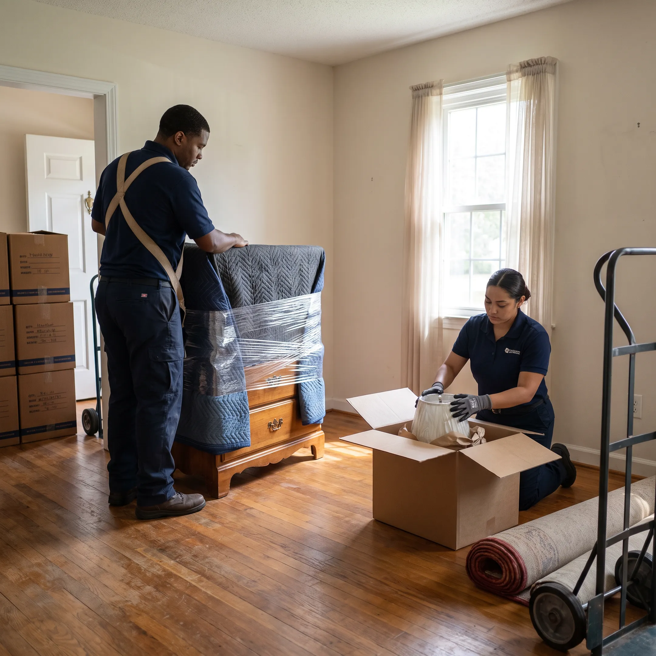Moving professionals protecting furniture during a relocation