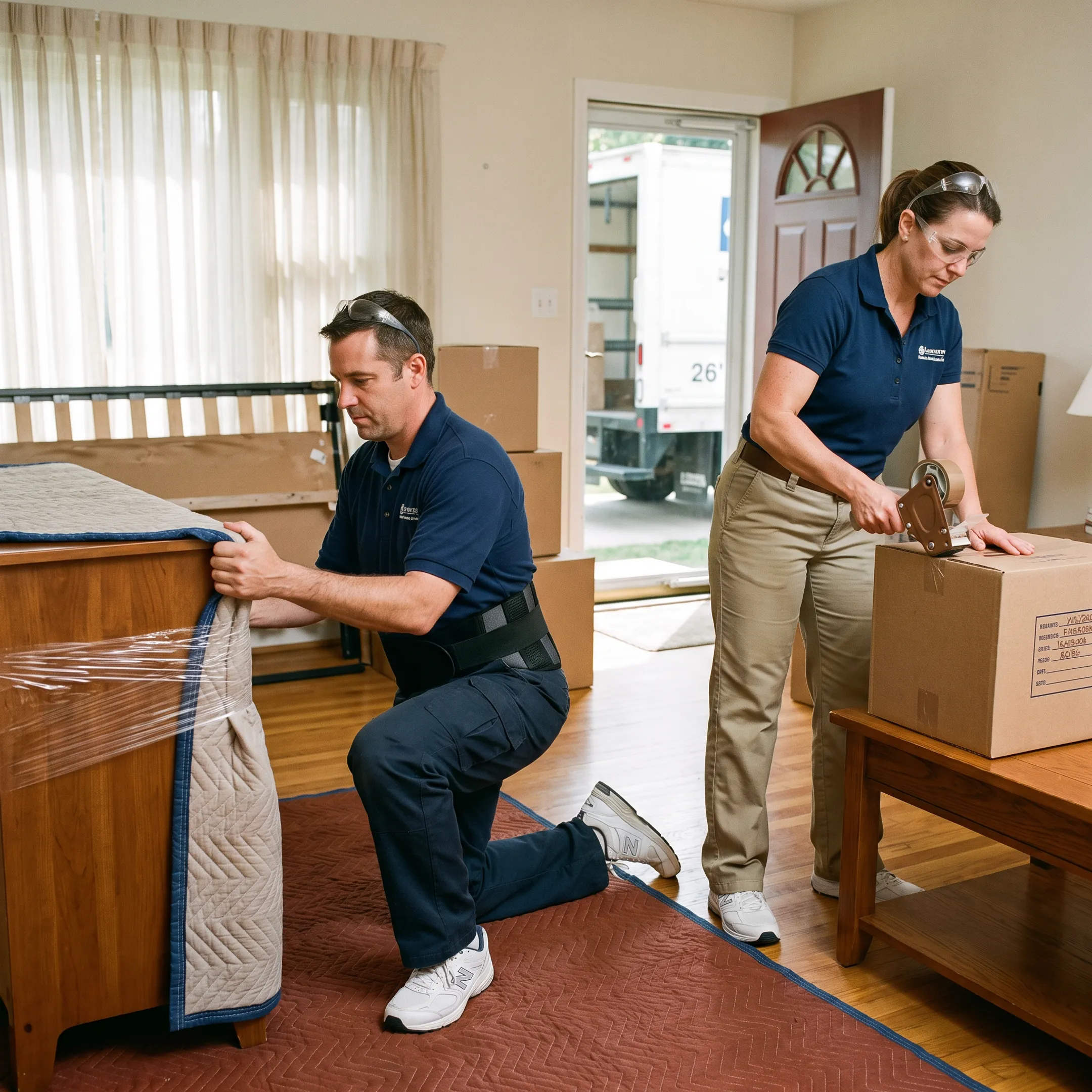 Moving professionals protecting furniture during a residential relocation