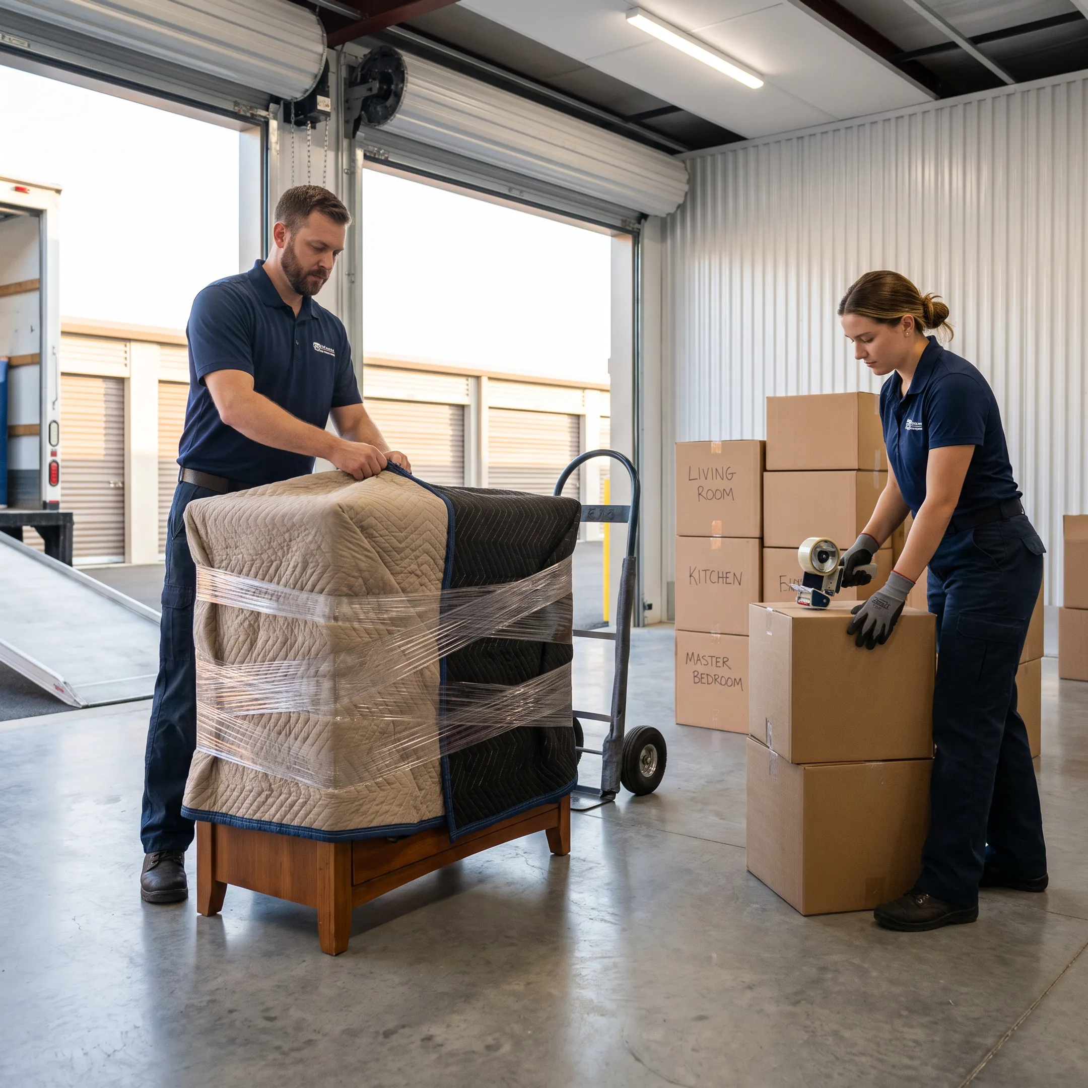 Movers preparing furniture and boxes for storage