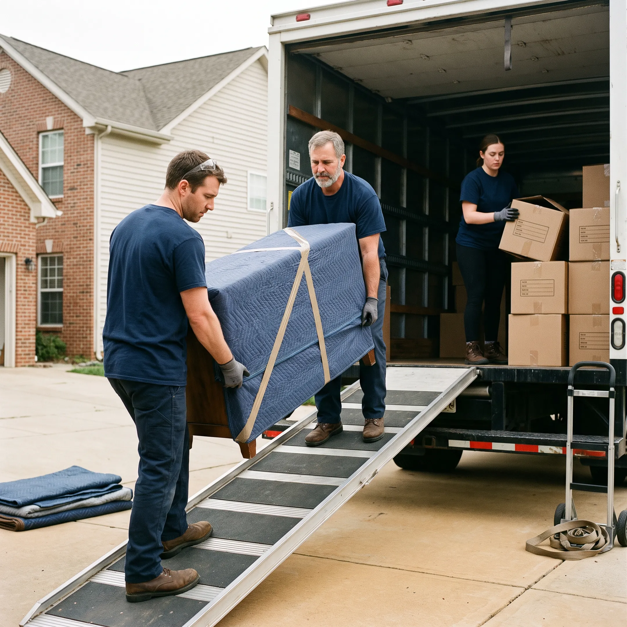 Moving team loading protected furniture into a truck