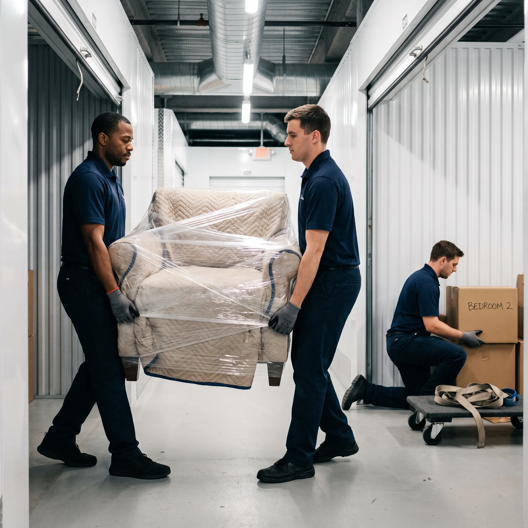 Moving professionals organizing furniture and boxes in climate-controlled storage
