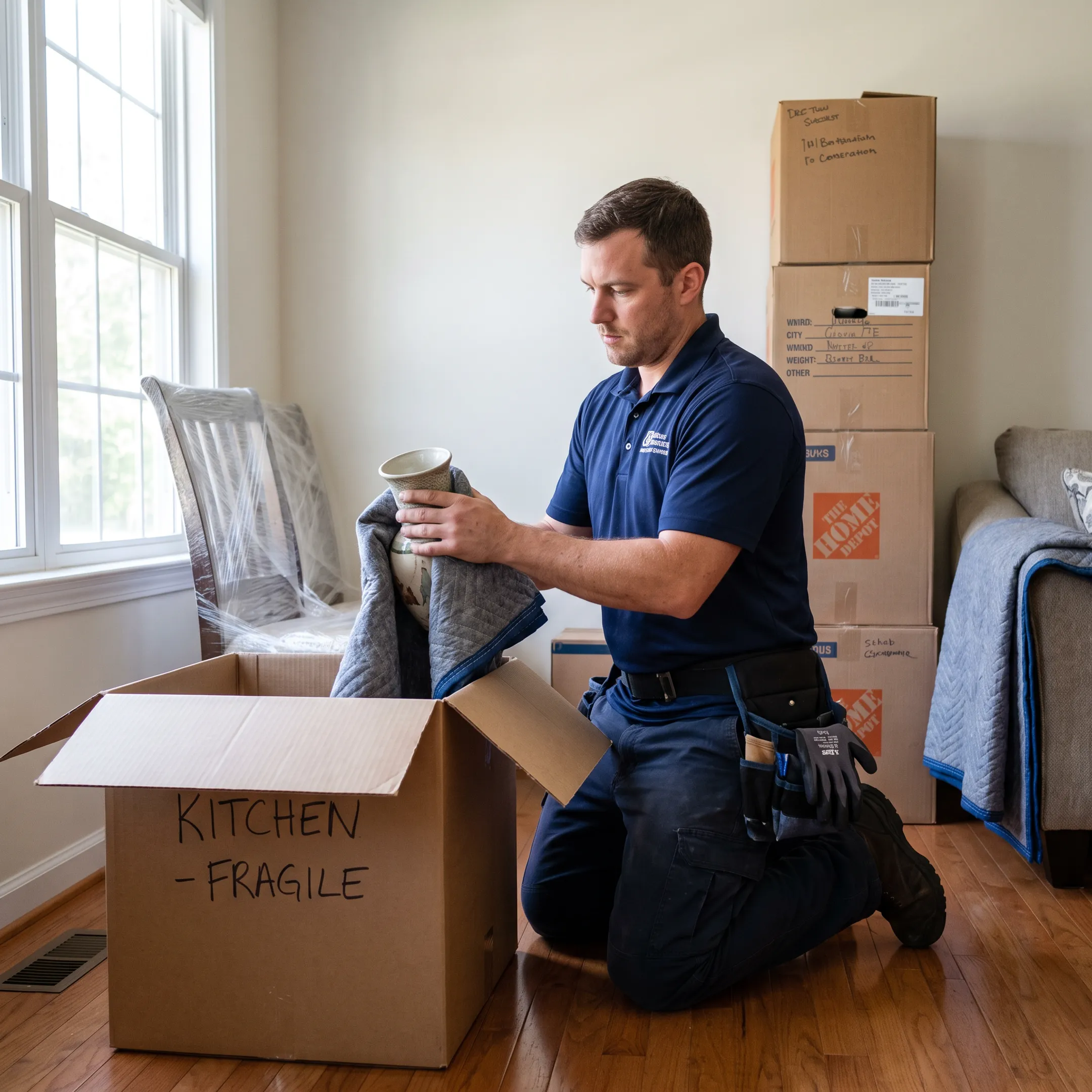Moving professional organizing boxes inside a Salisbury home