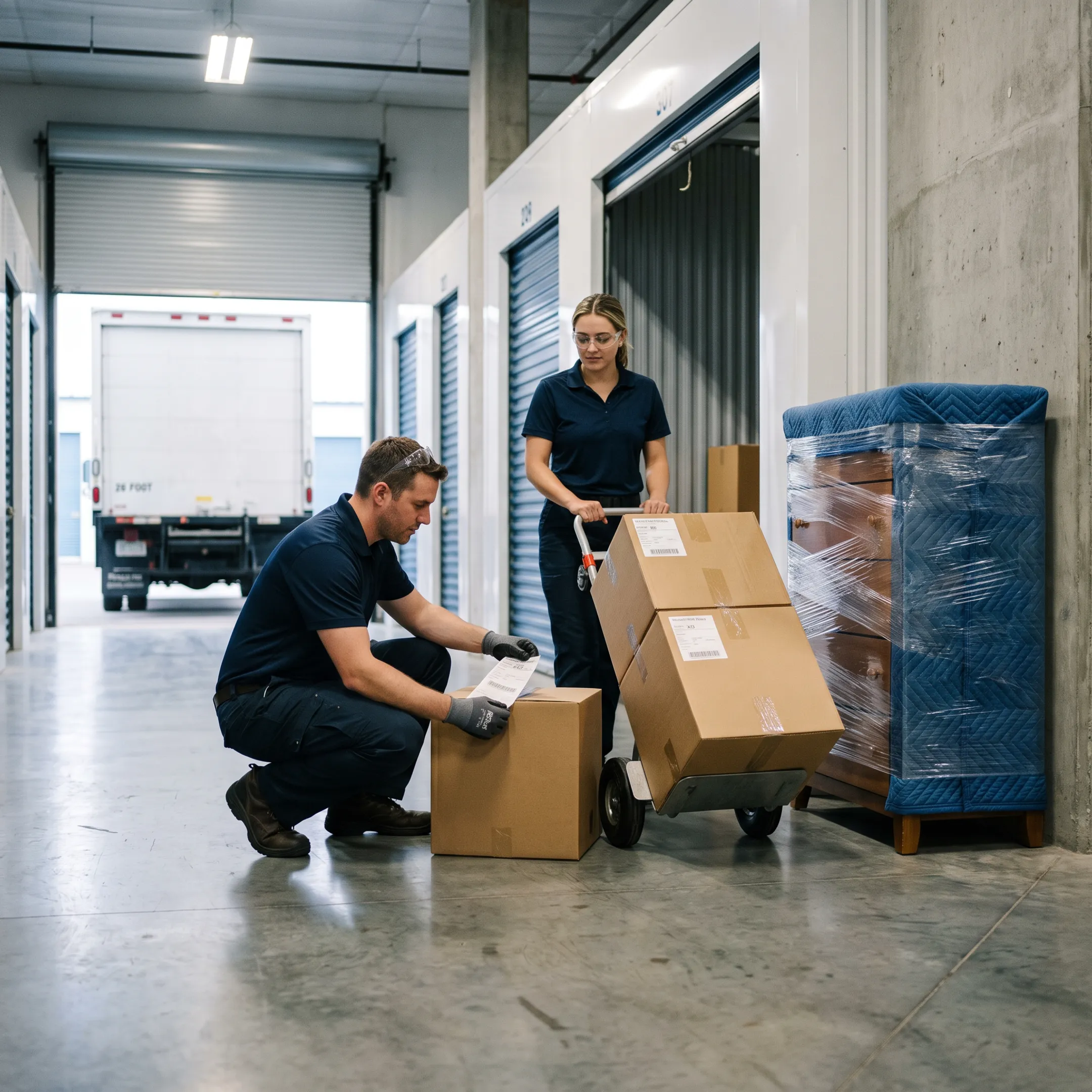 Movers organizing boxes and furniture for transport and storage