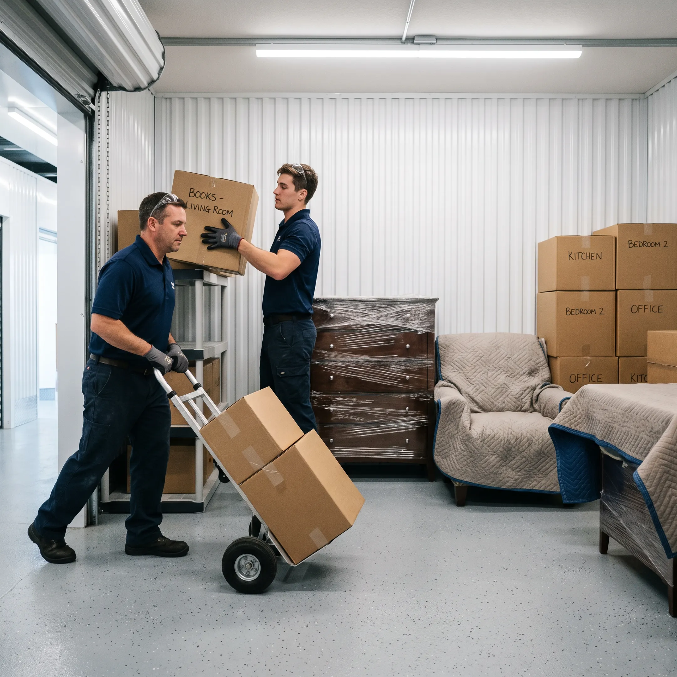 Belongings organized inside climate-controlled storage