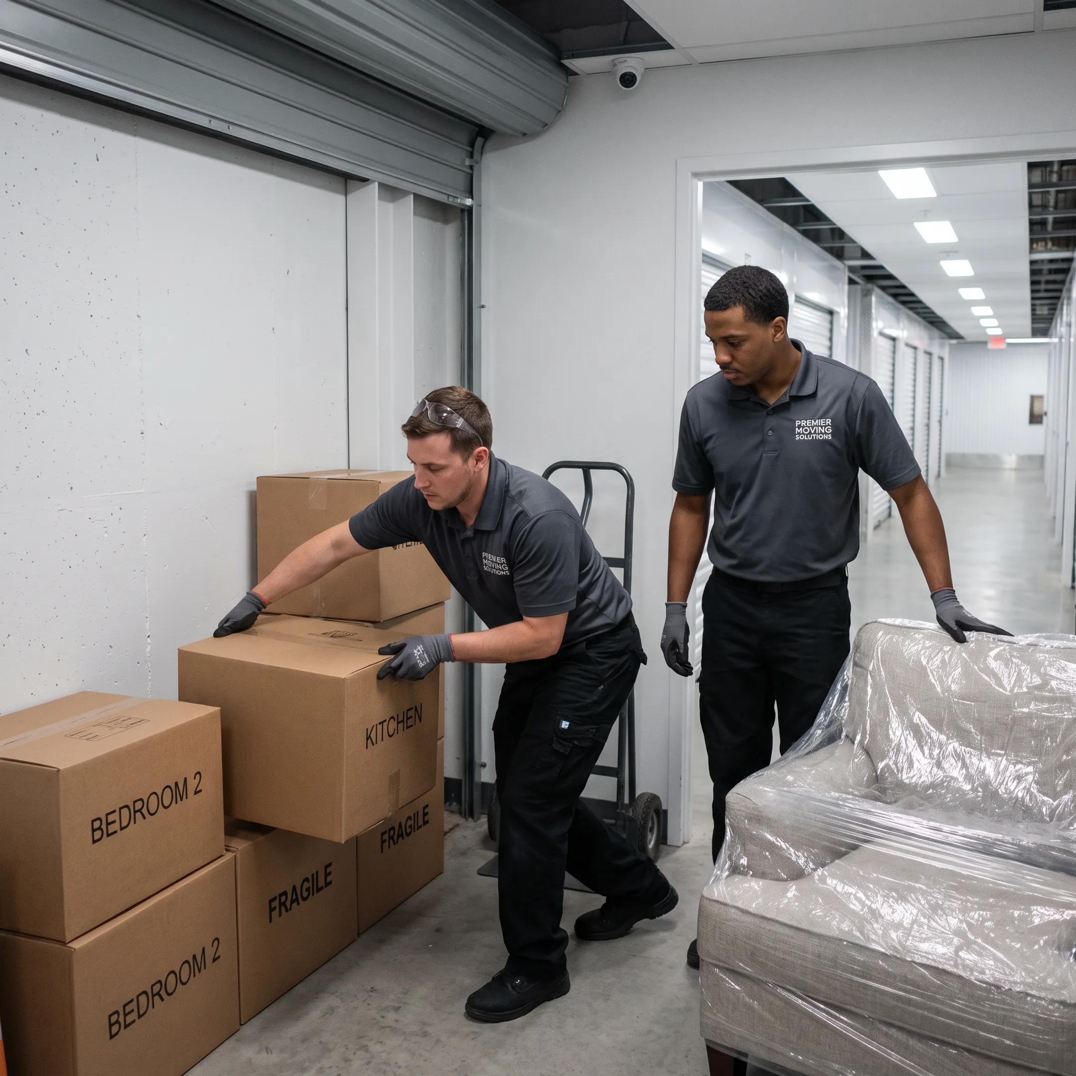 Moving team placing boxed belongings into climate-controlled storage