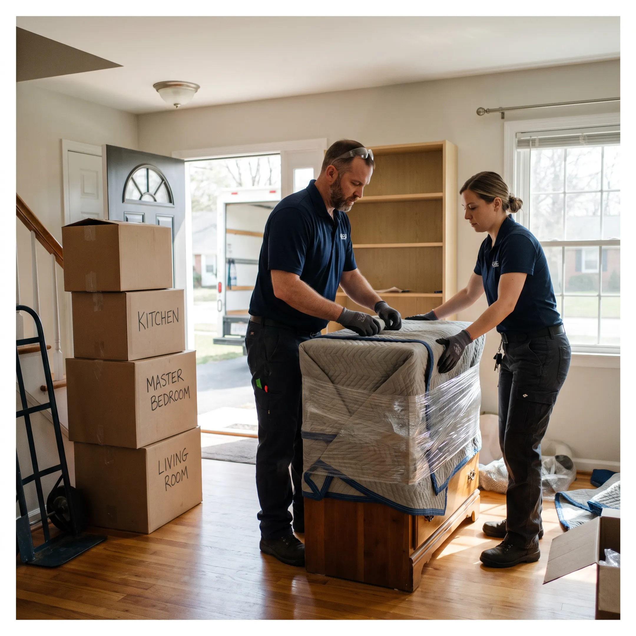 Moving professionals organizing furniture and boxes during a home relocation