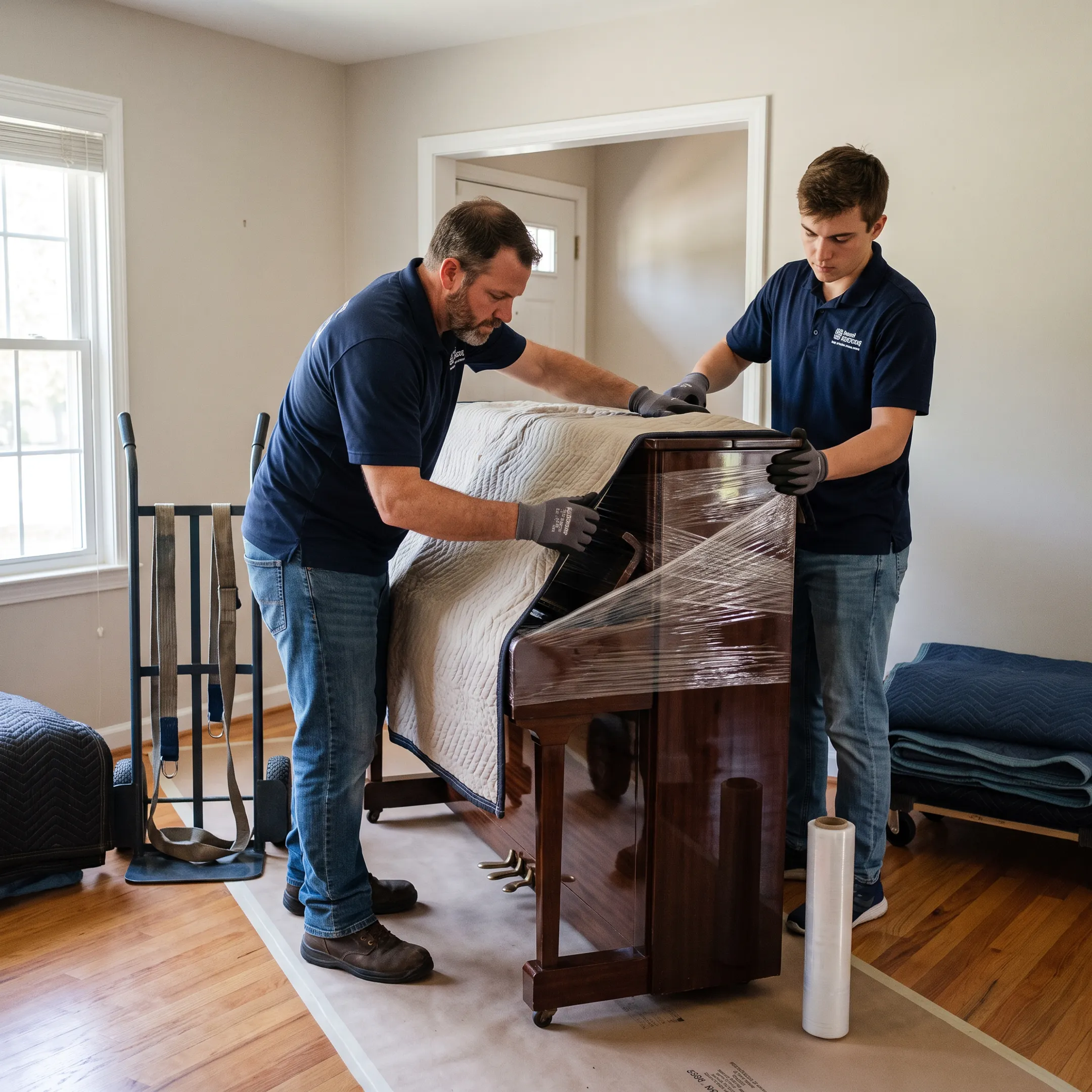 Movers protecting a piano before transportation