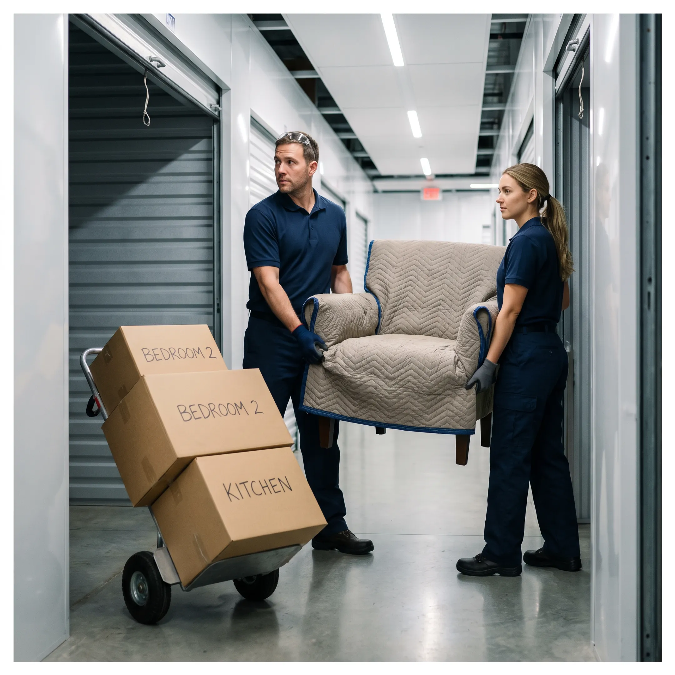 Moving team placing household belongings into organized climate-controlled storage