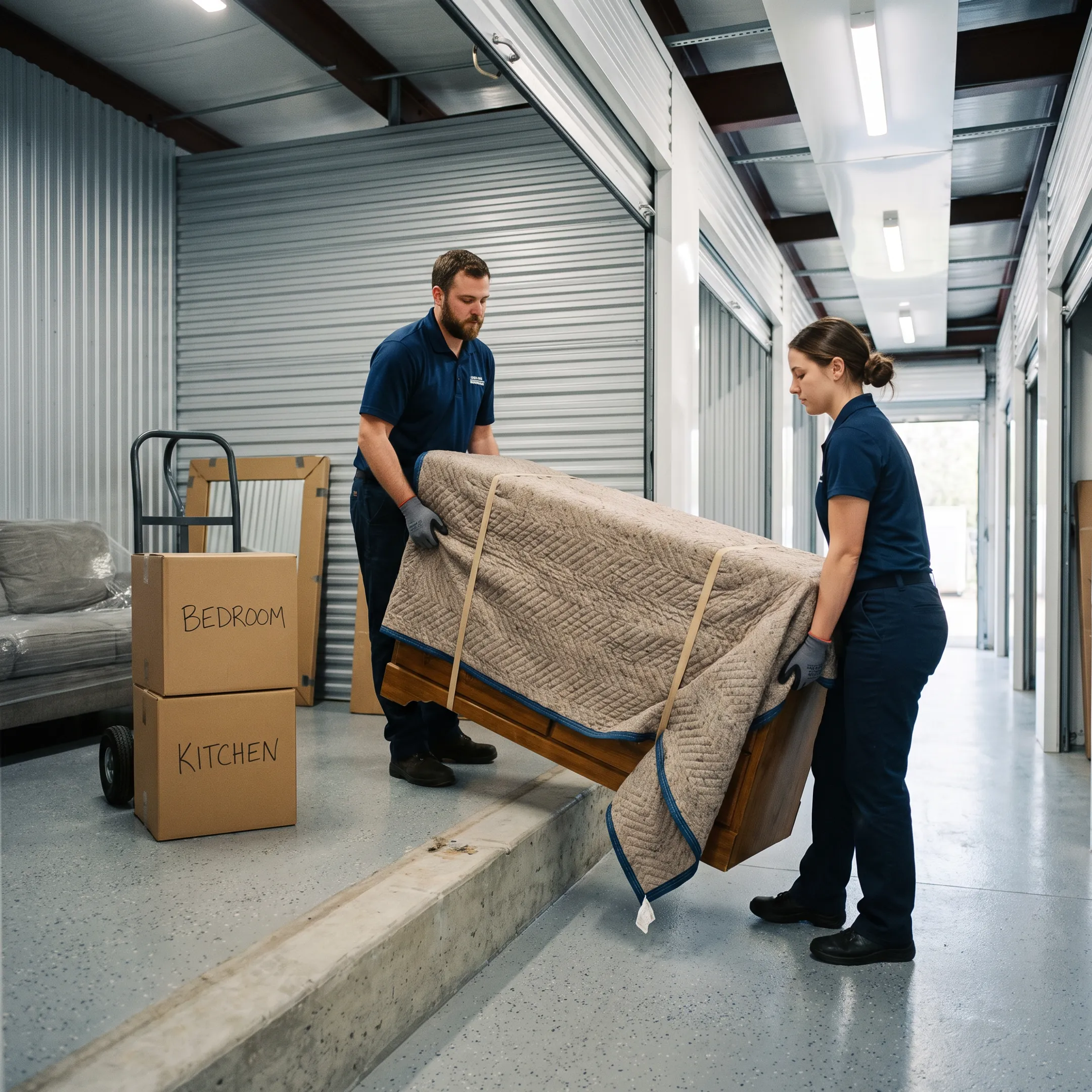Moving professionals organizing furniture inside climate-controlled storage
