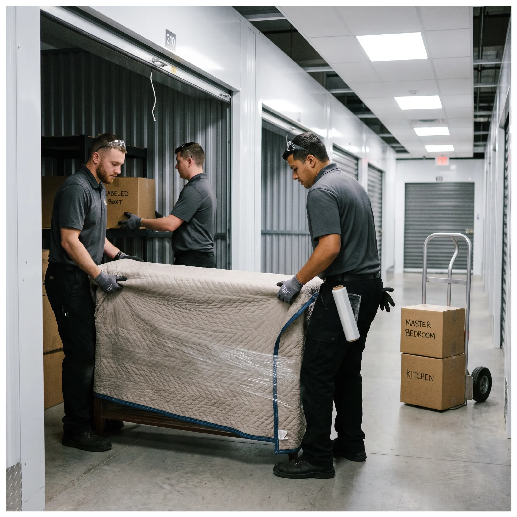 Movers placing boxed belongings into organized storage
