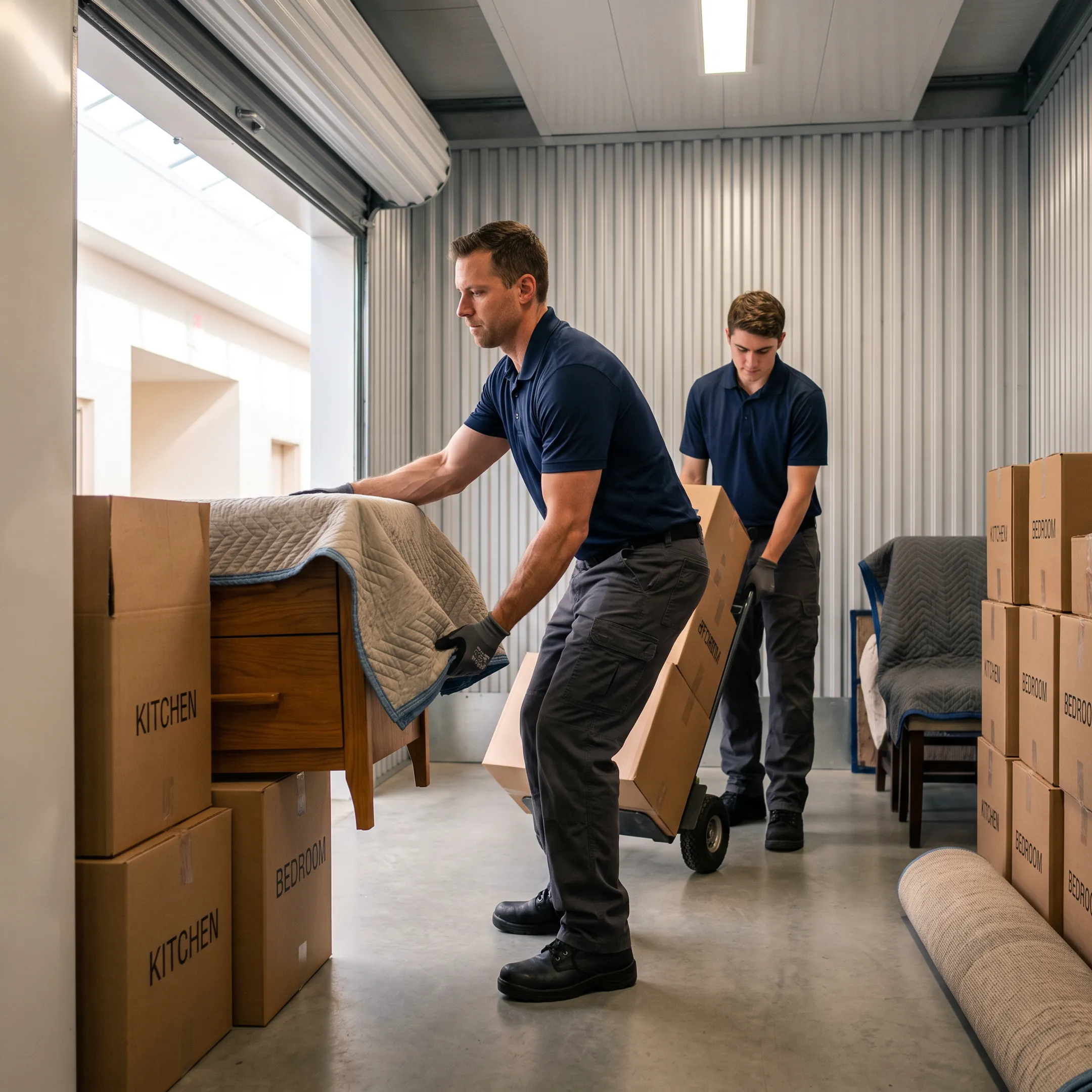 Movers packing and securing boxed goods inside a safe storage unit space