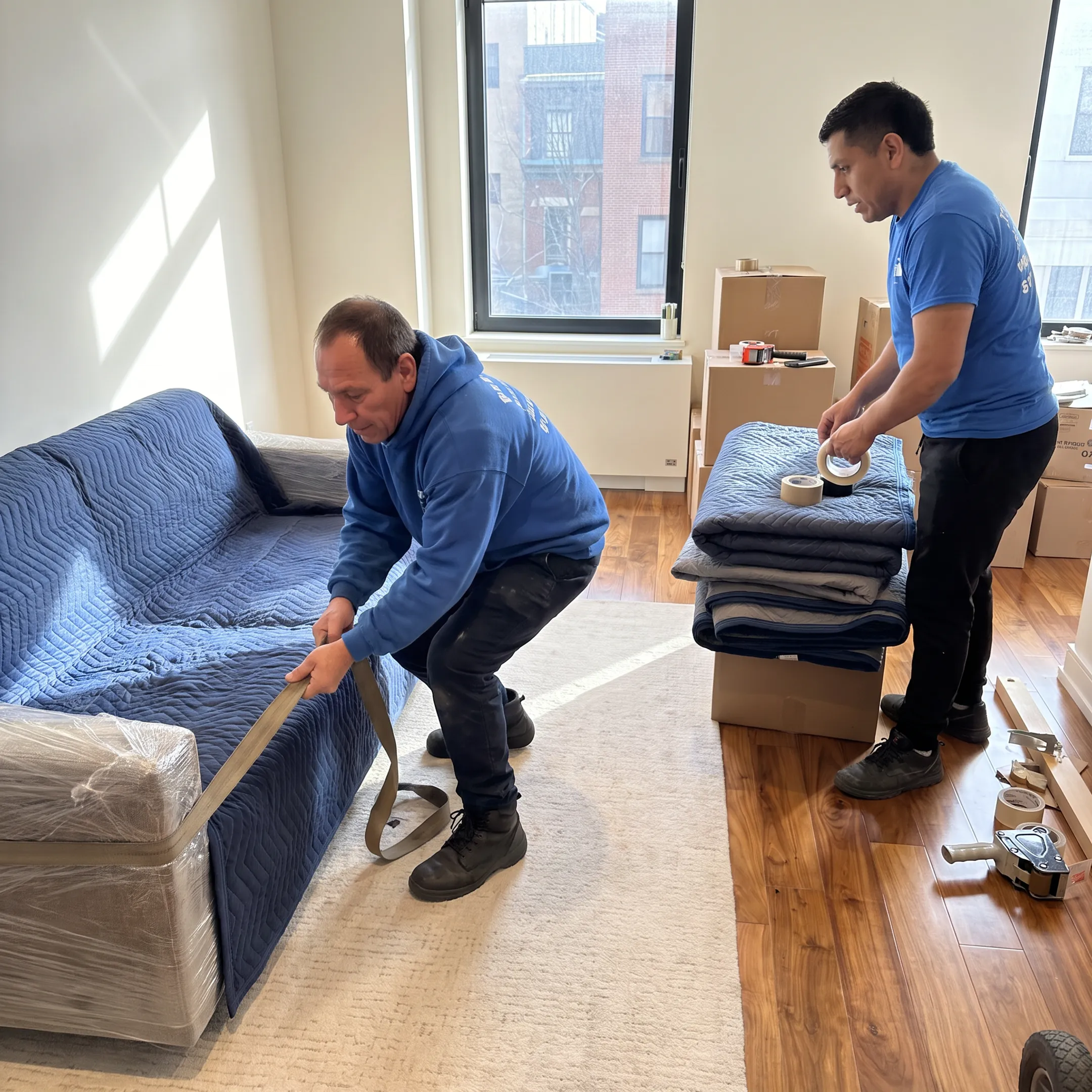 Movers wrapping furniture for transport