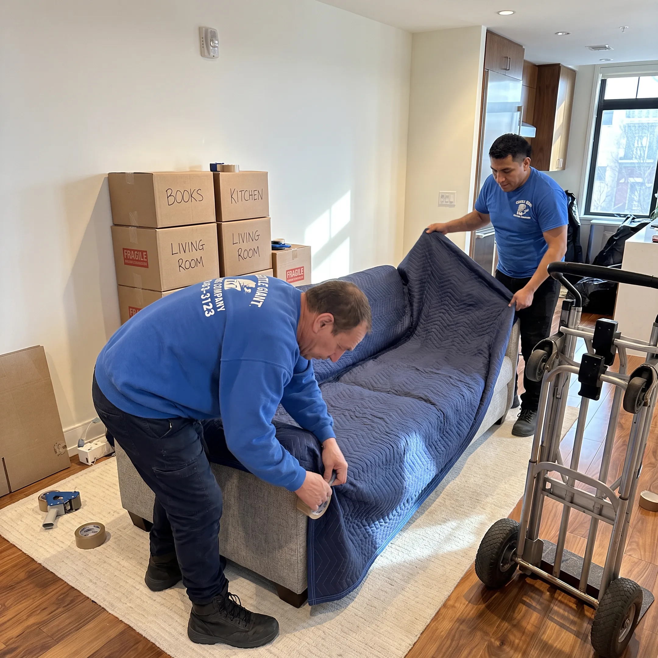 Movers protecting furniture before transport