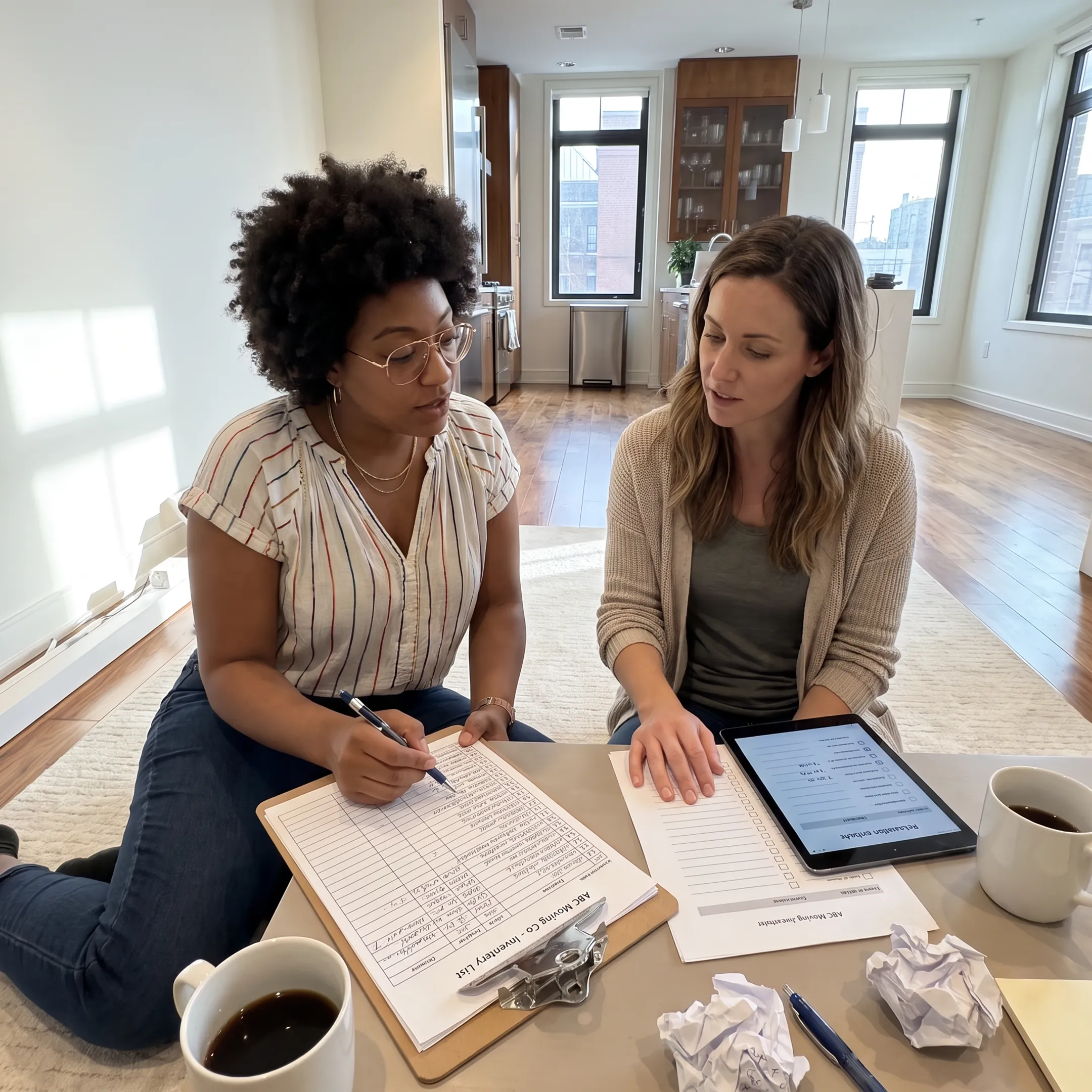 Moving coordinator reviewing a household relocation plan