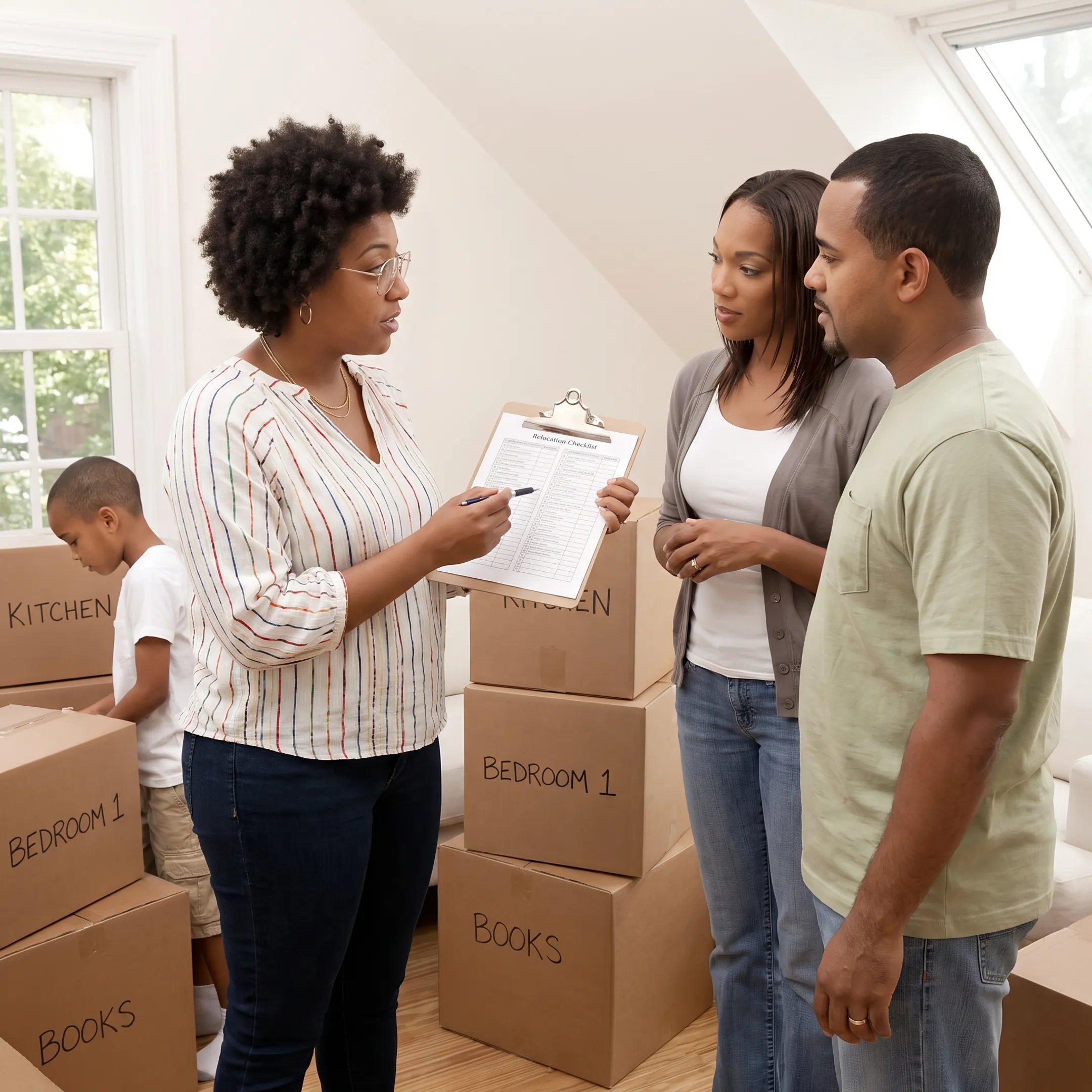 Moving coordinator reviewing a customized relocation plan with customers