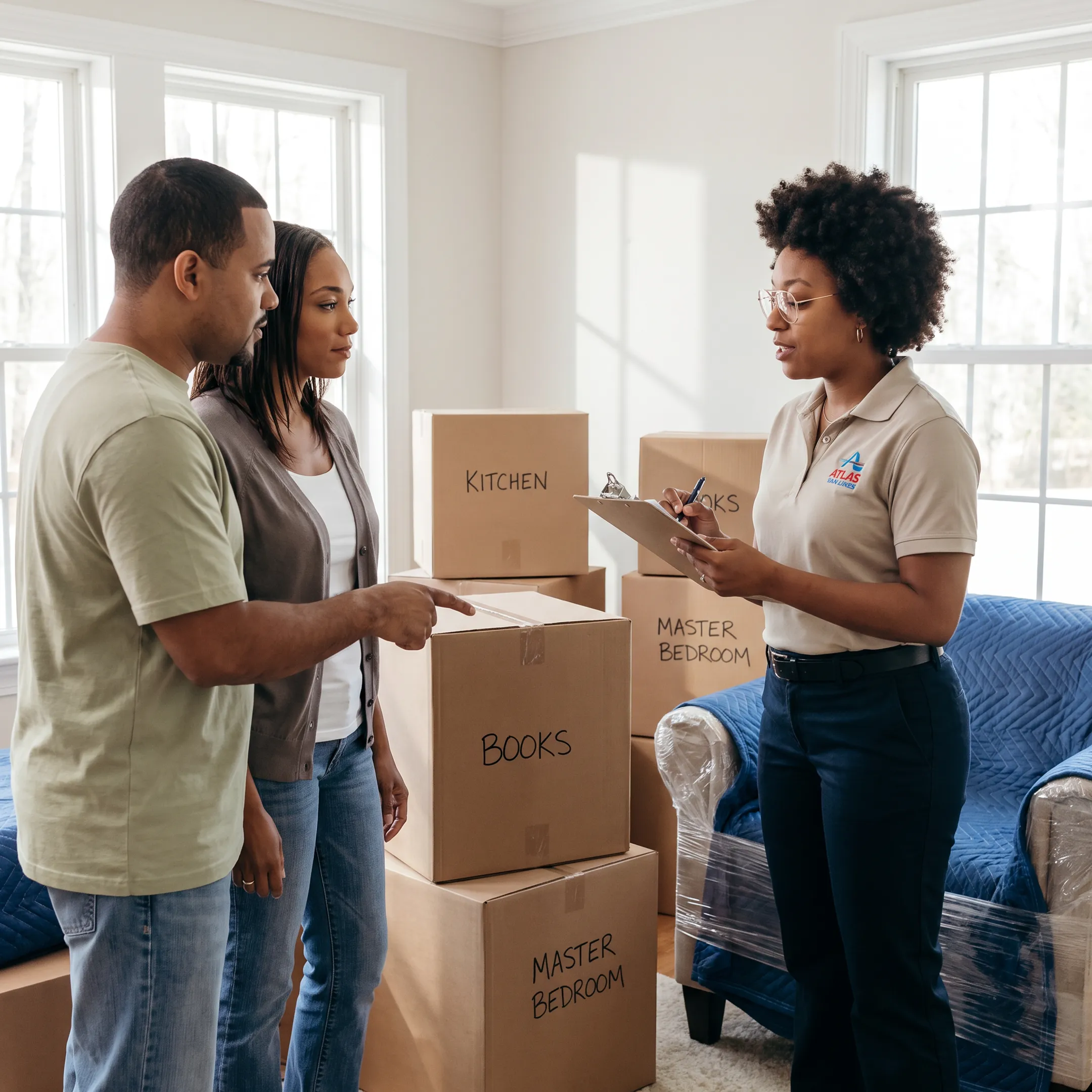 Moving coordinator discussing a relocation plan with customers