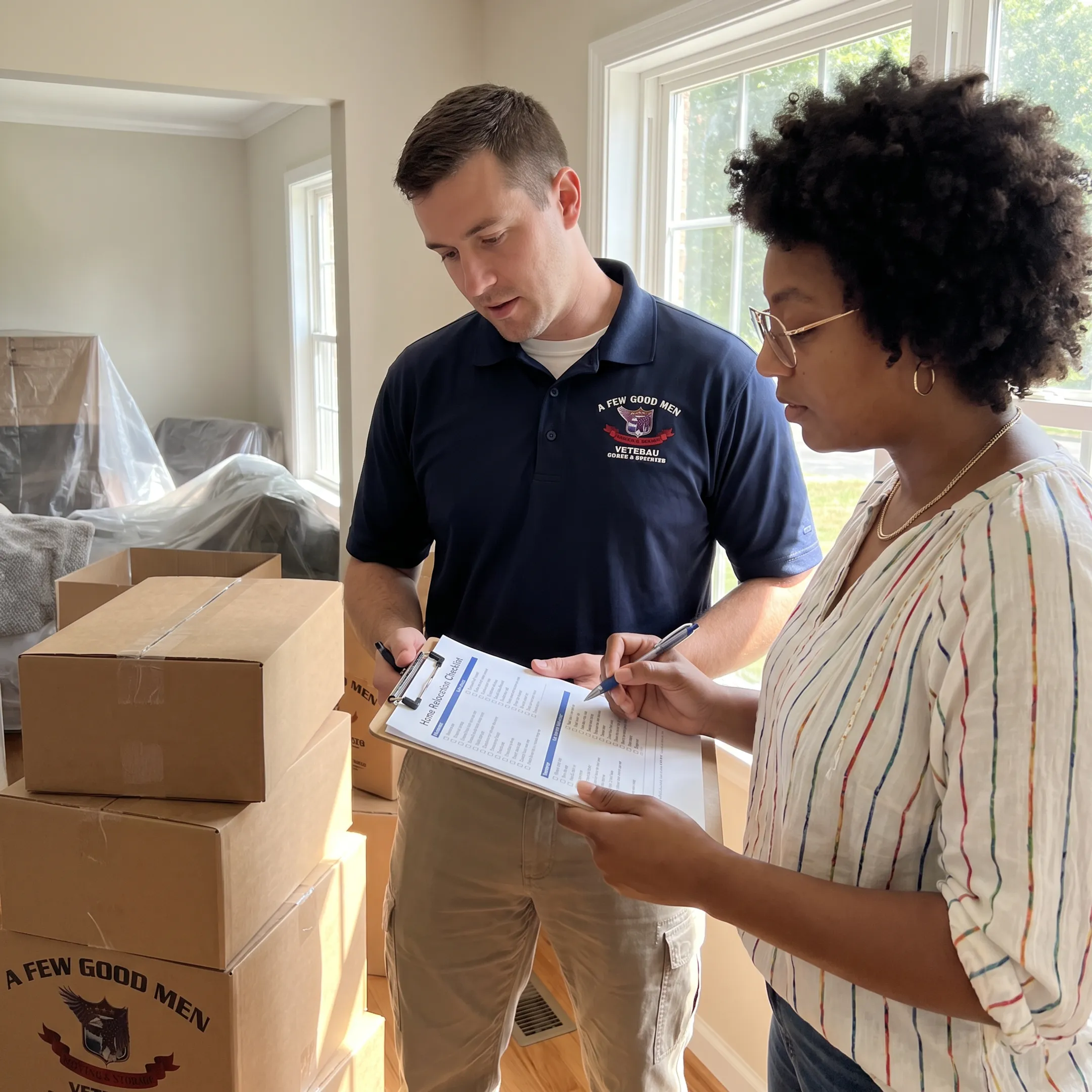 Moving coordinator reviewing a relocation plan with a customer