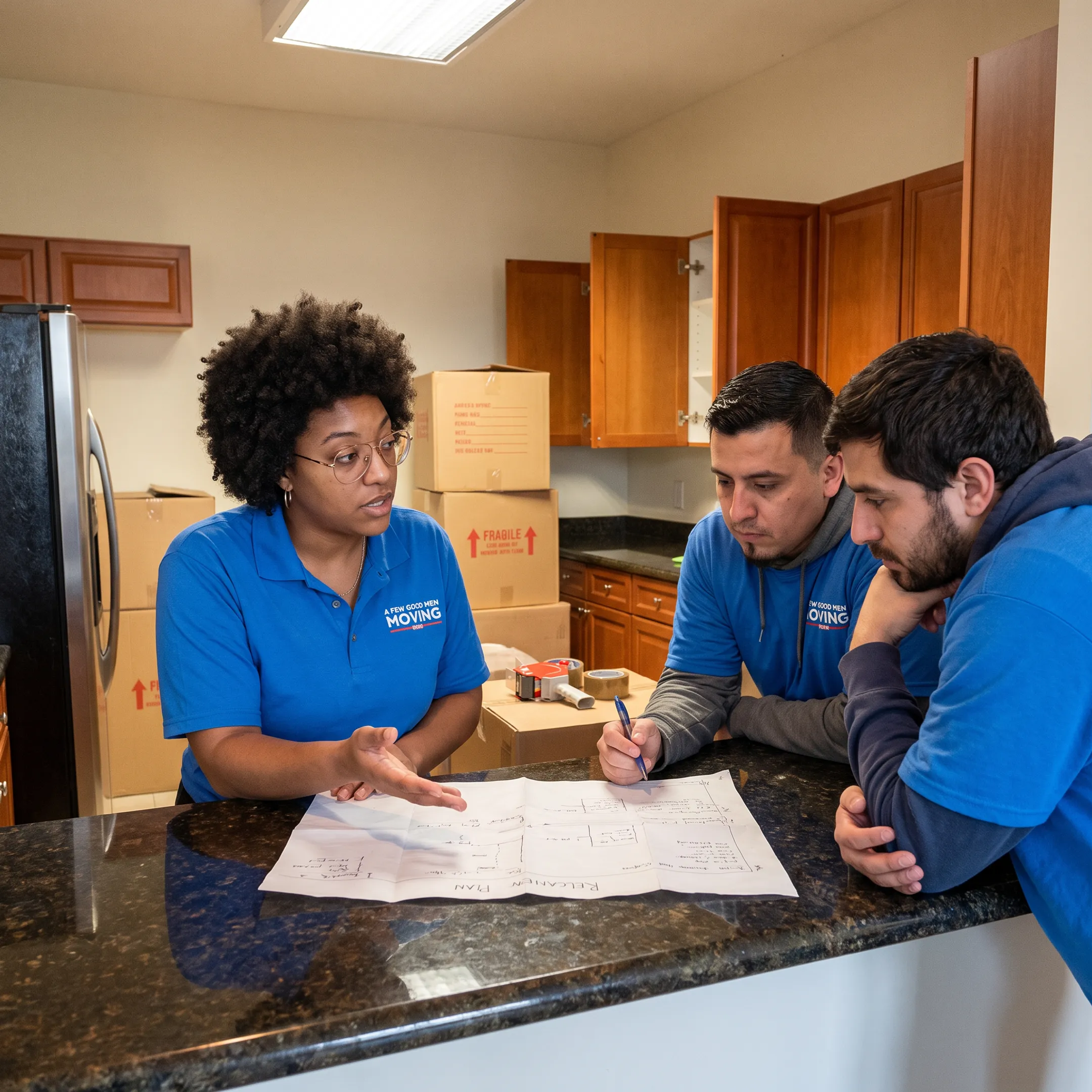 Moving coordinator reviewing a relocation plan with customers