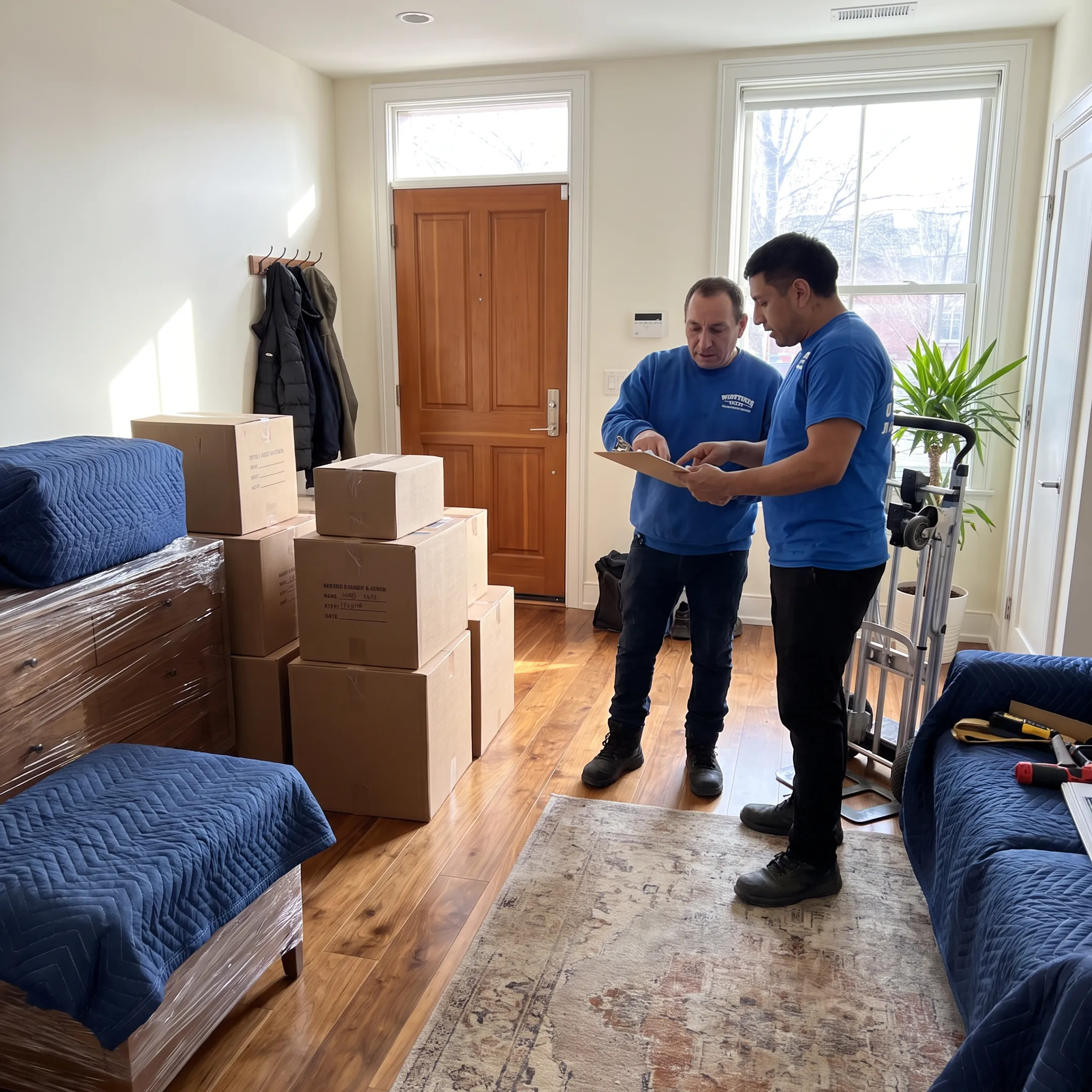 Movers coordinating a residential relocation