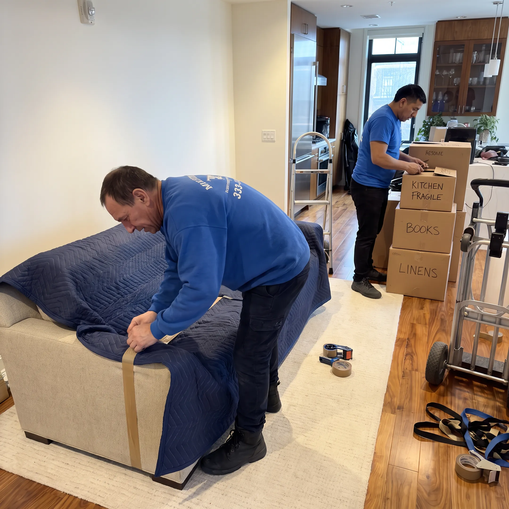 Movers protecting furniture before transport