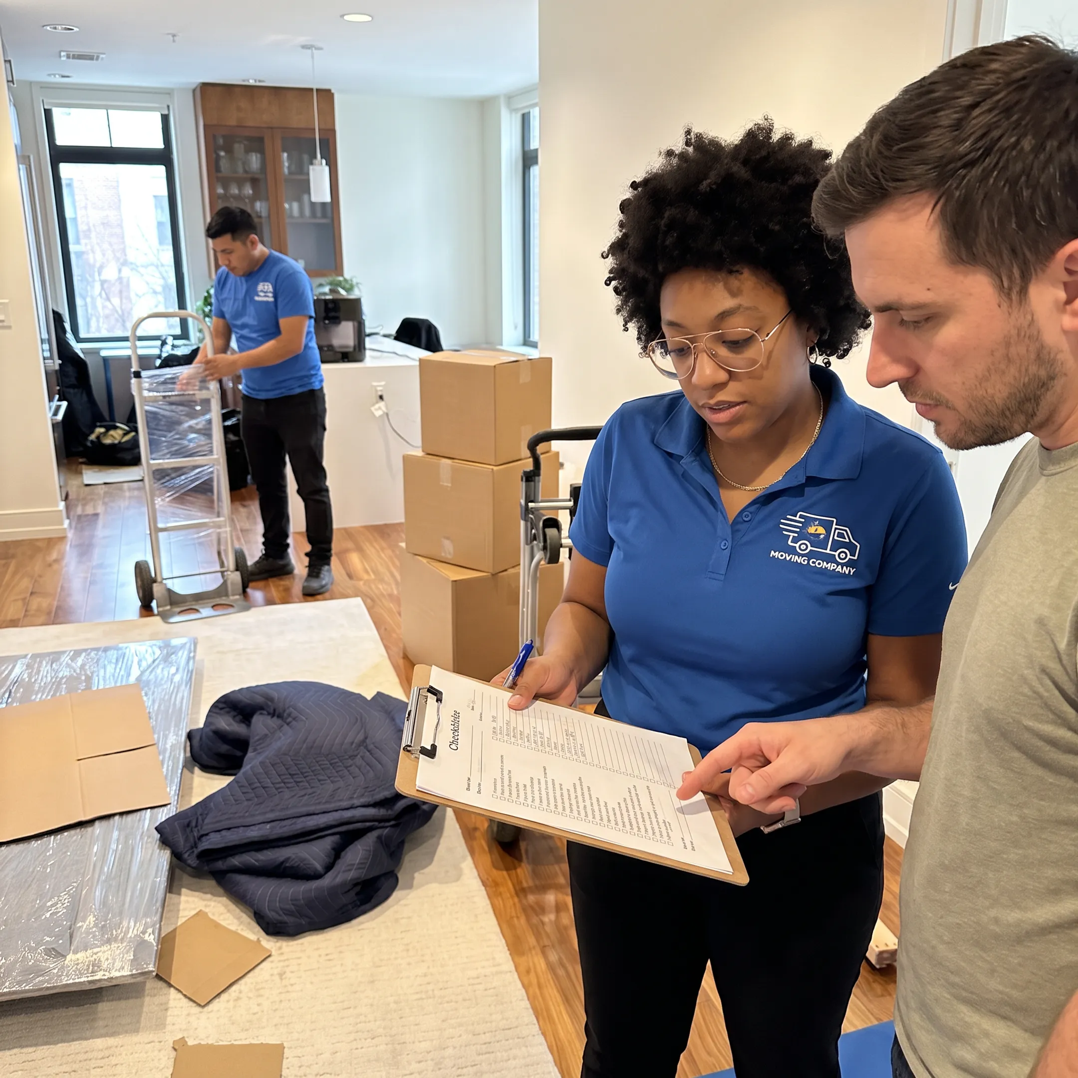 Moving coordinator reviewing a relocation plan