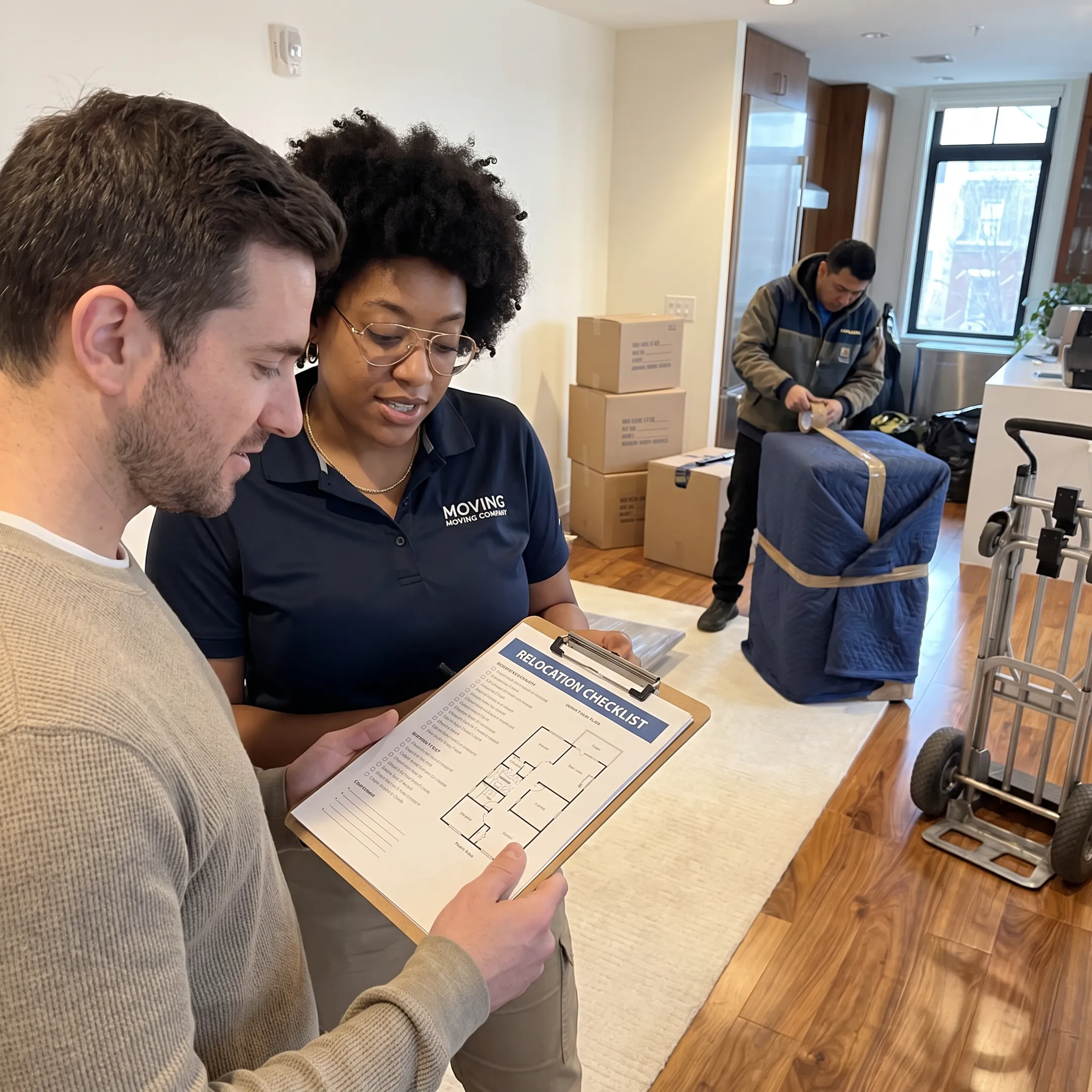 Moving coordinator reviewing a relocation plan