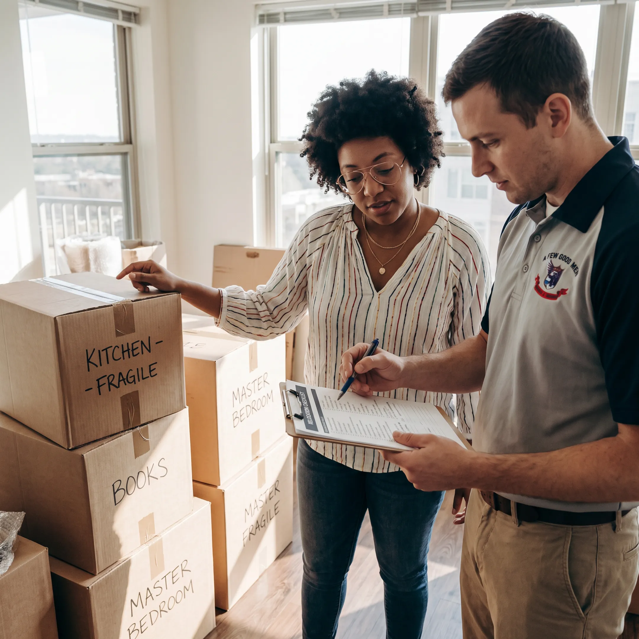 Movers reviewing a moving plan with a customer