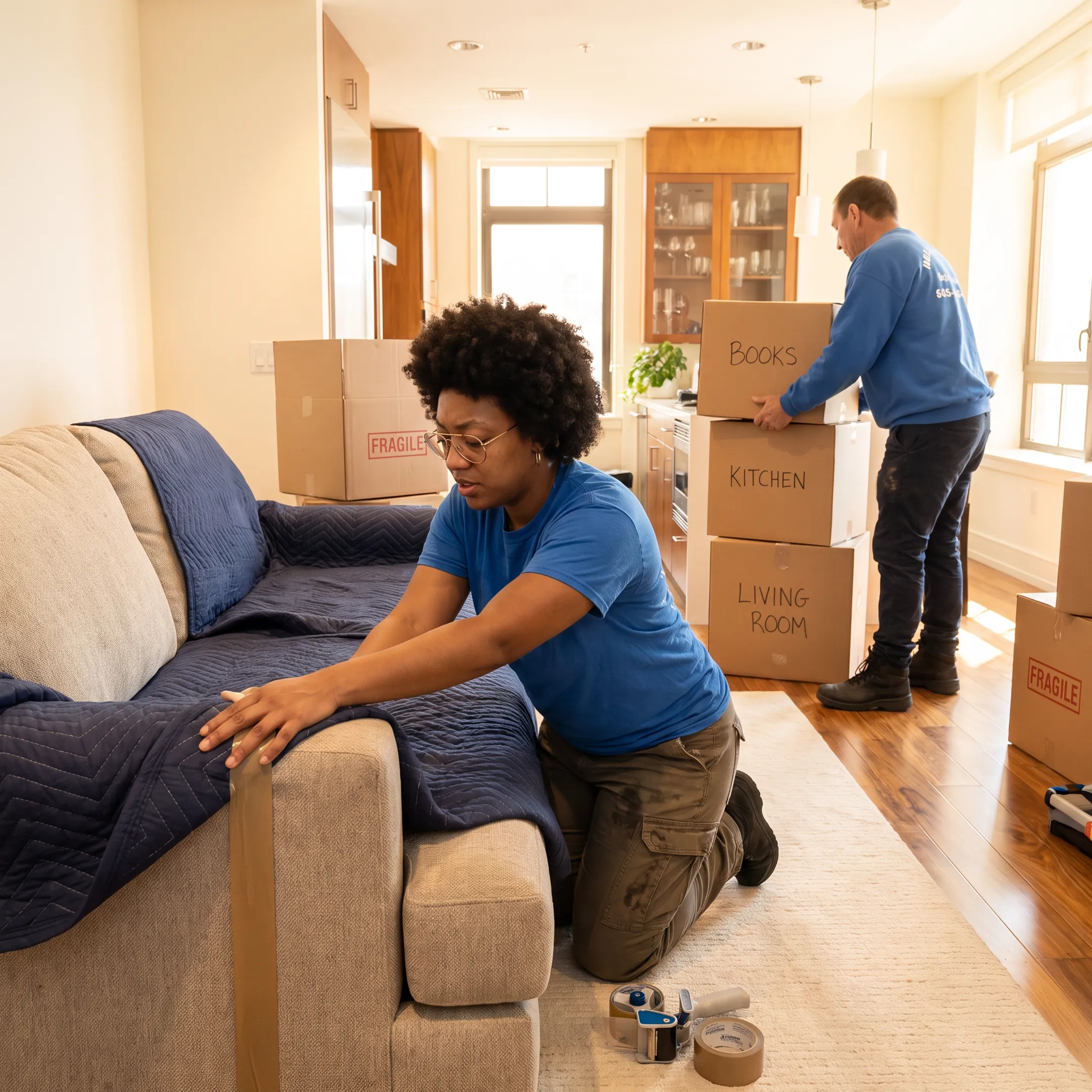 Movers wrapping furniture for secure transport