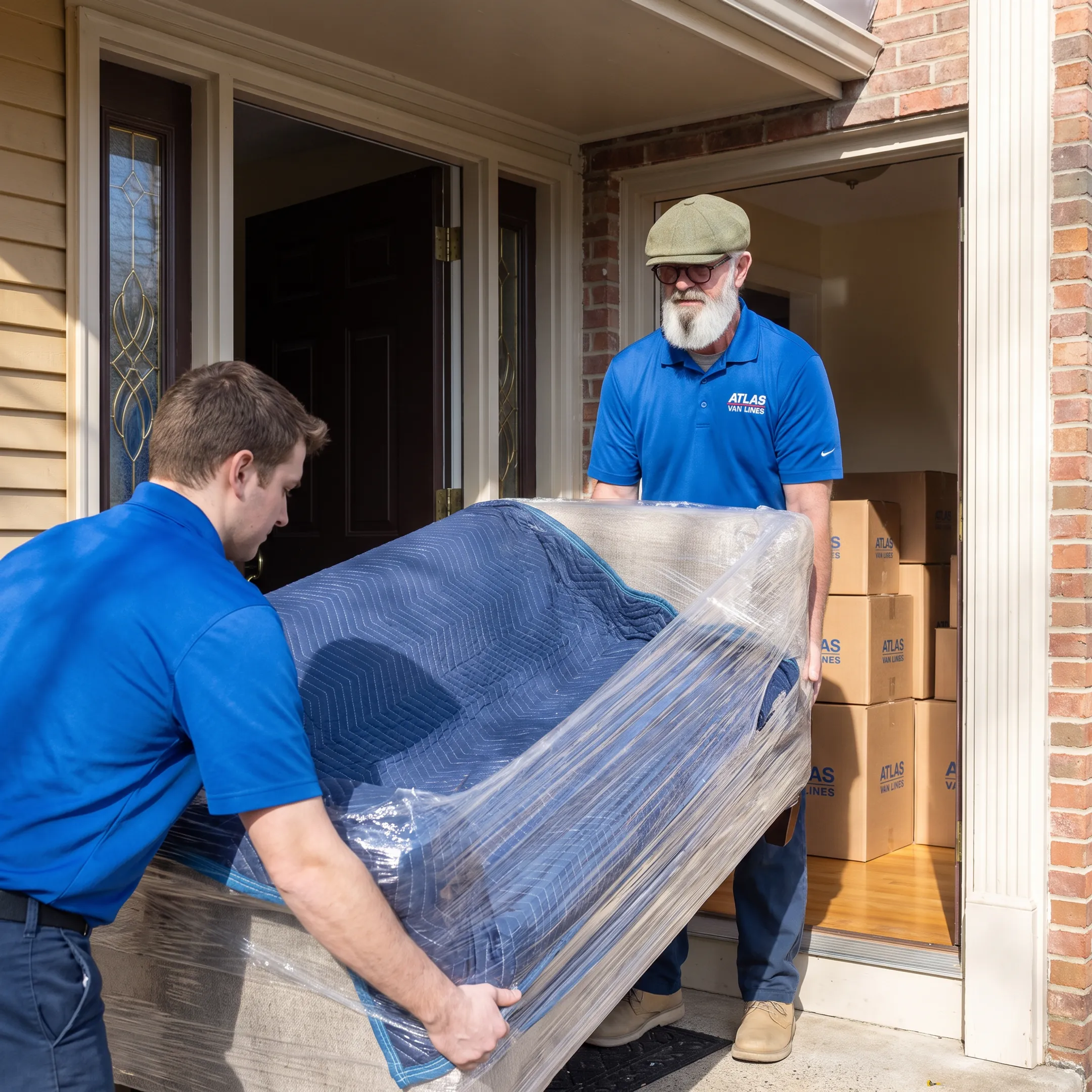 Movers carefully carrying furniture into a home