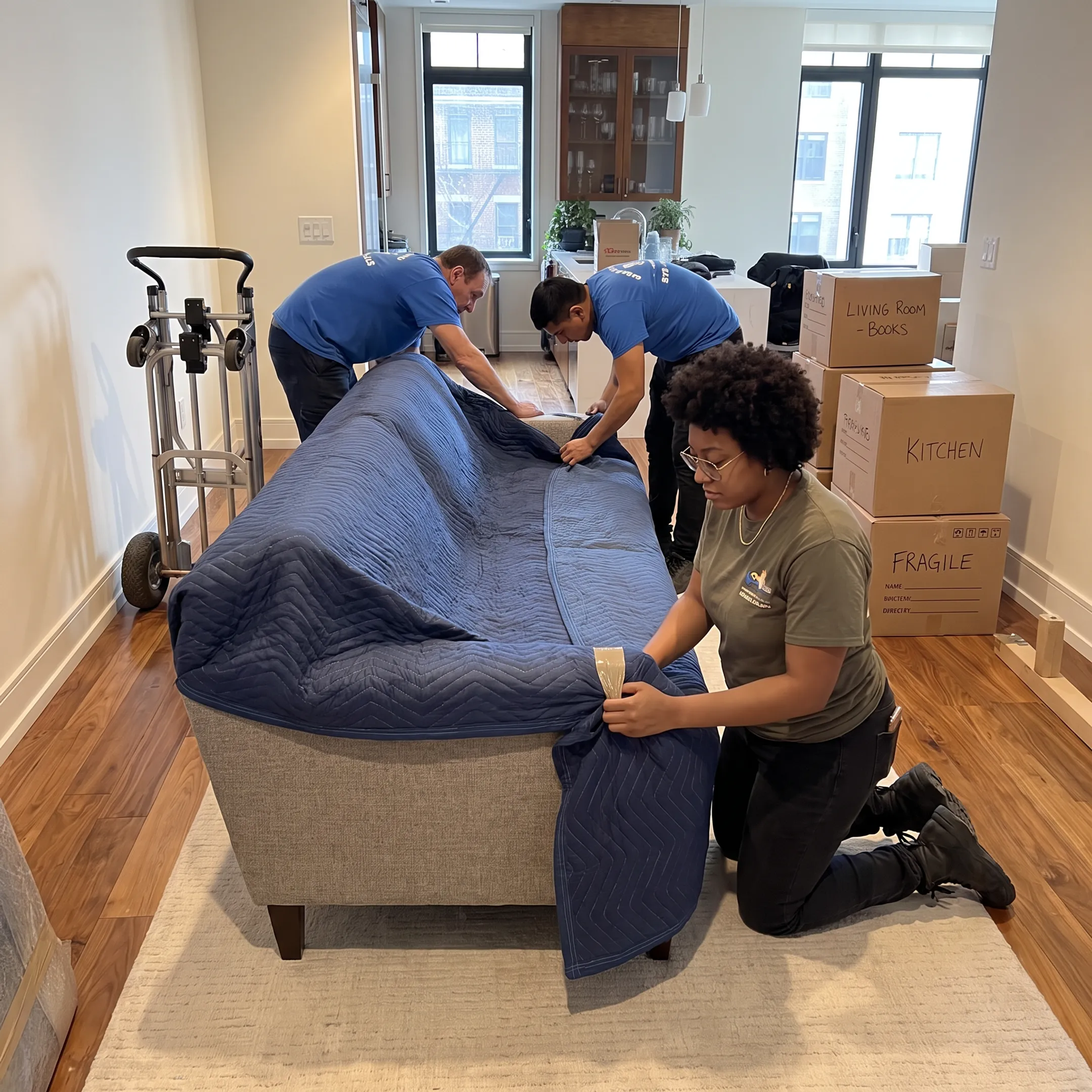 Movers preparing protected furniture for relocation