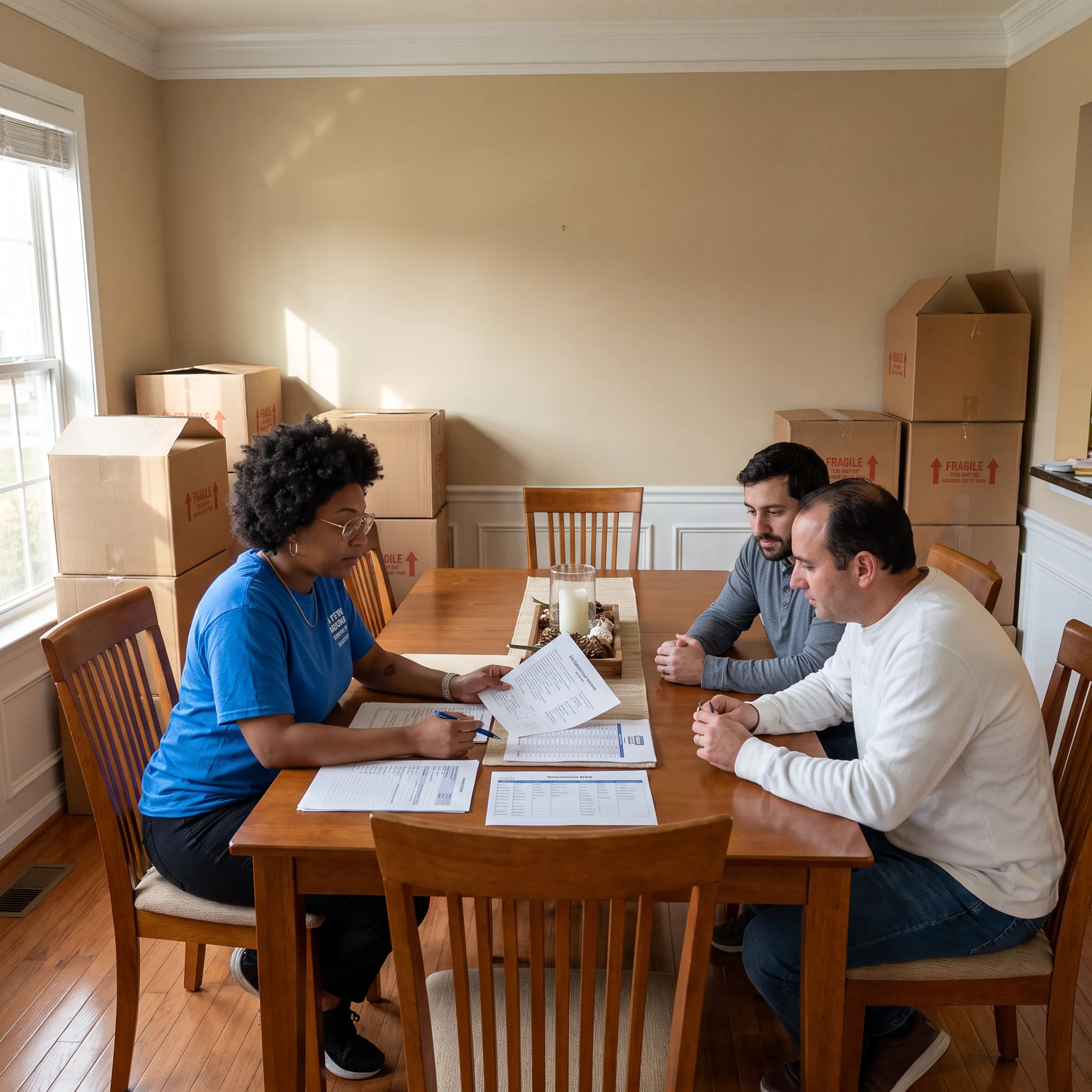 Moving coordinator reviewing a household relocation plan with clients