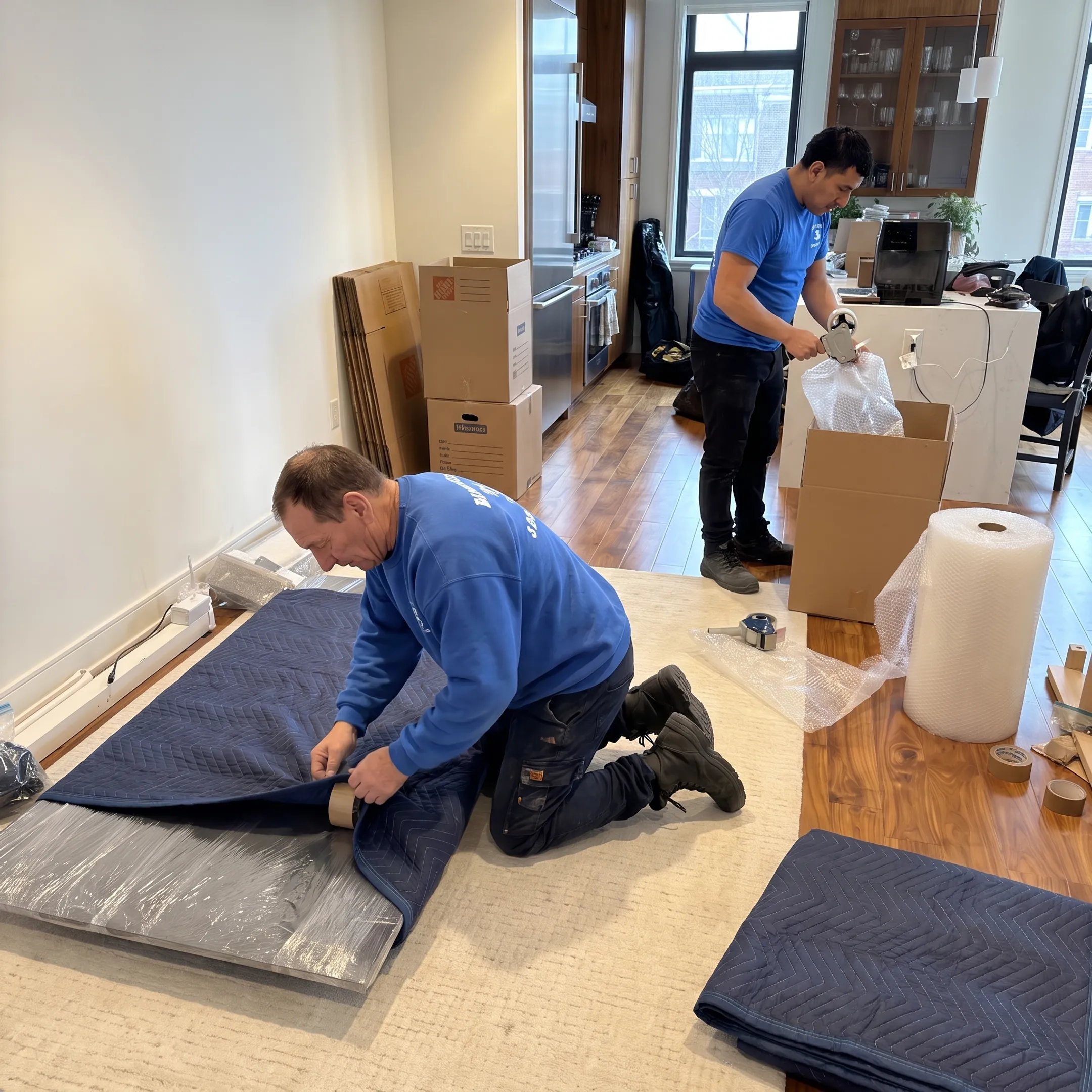 Movers packing household belongings for relocation