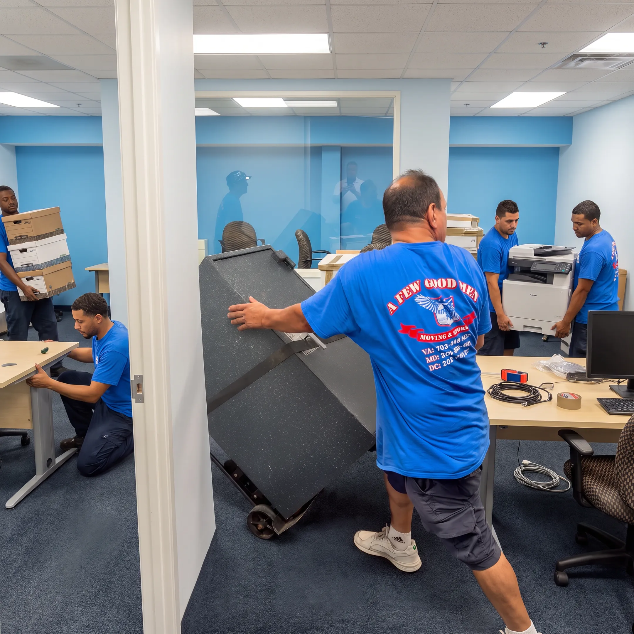 Moving team arranging office furniture at a new workplace