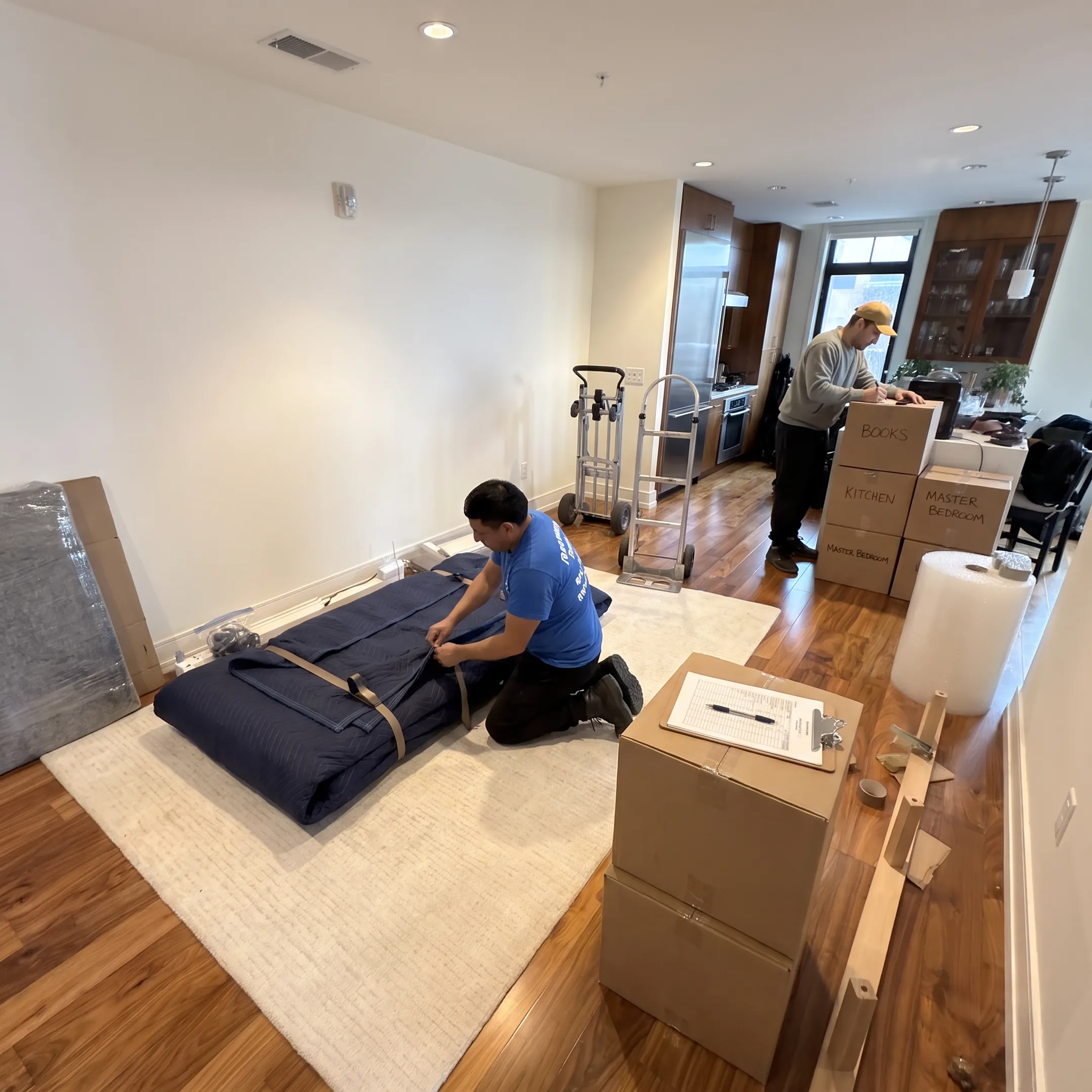 Moving professionals organizing packed belongings for a local or long-distance relocation